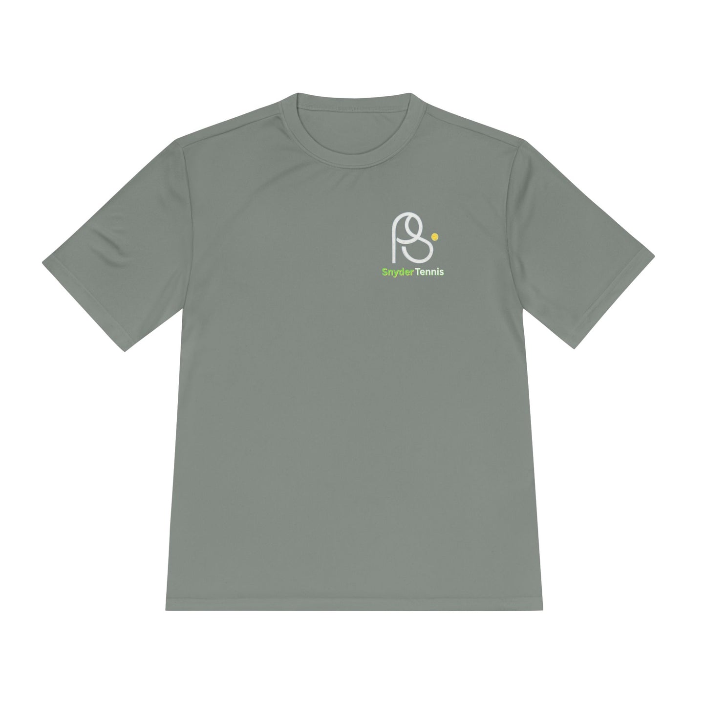 Front view of concrete gray short-sleeve tee with white "P S" logo and green "Brighton Tennis" text