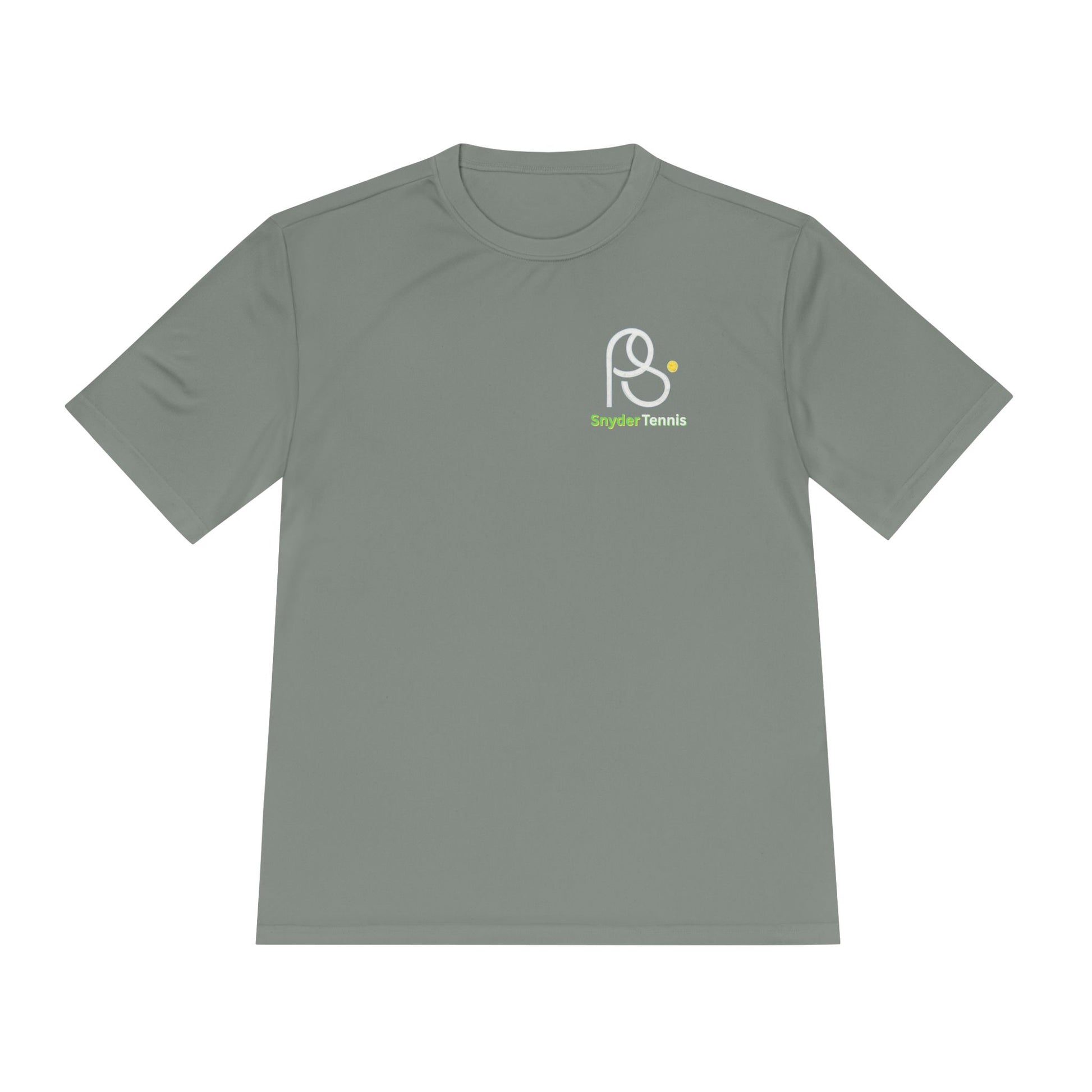 Front view of concrete gray short-sleeve tee with white "P S" logo and green "Brighton Tennis" text