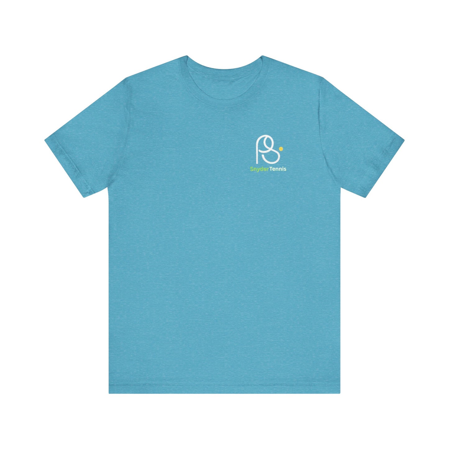 Front view of aqua blue Coach Pete Snyder tennis t-shirt, white outlined PS logo with green tennis ball dot and text on chest