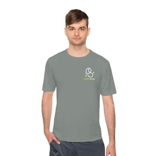 Model smashing serves in grey moisture-wicking Coach Pete Snyder tee, white PS Bryant Tennis logo on chest