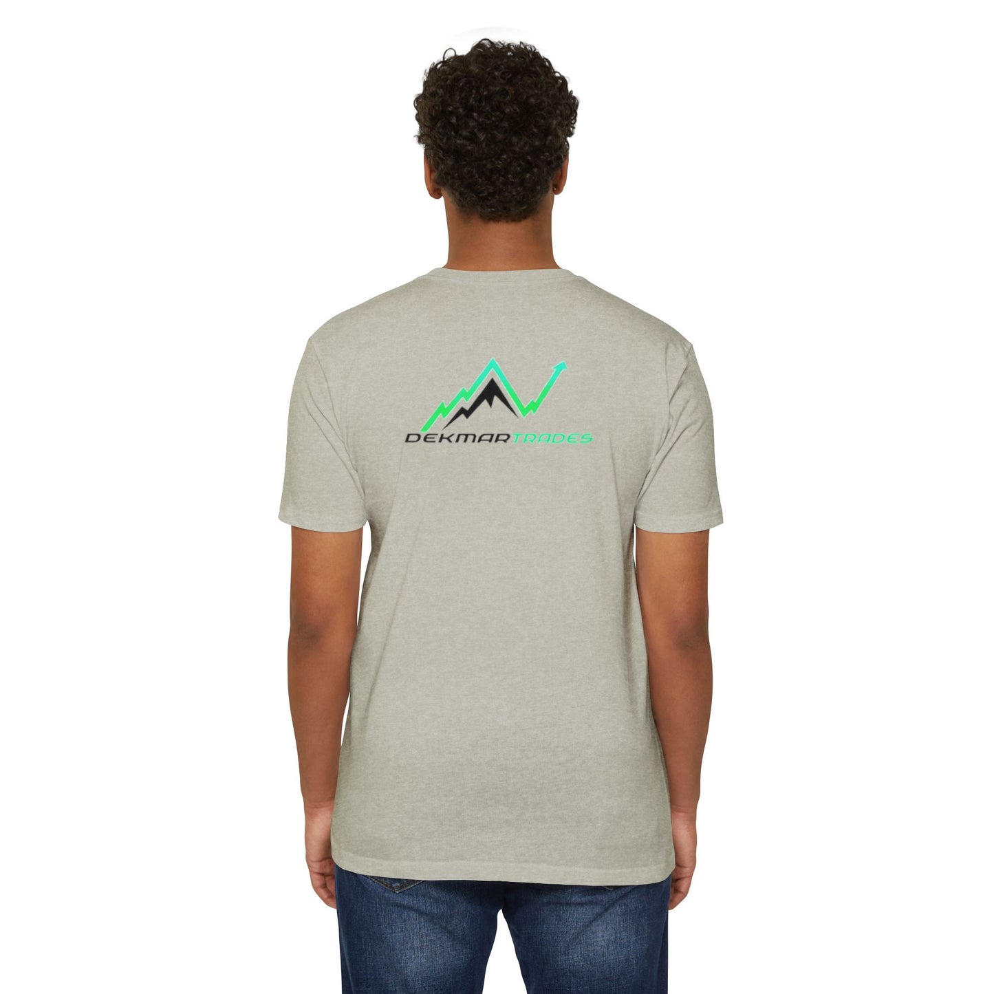 Male model back view in heather gray tee, Dekmar Trades mountain graphic in green and black