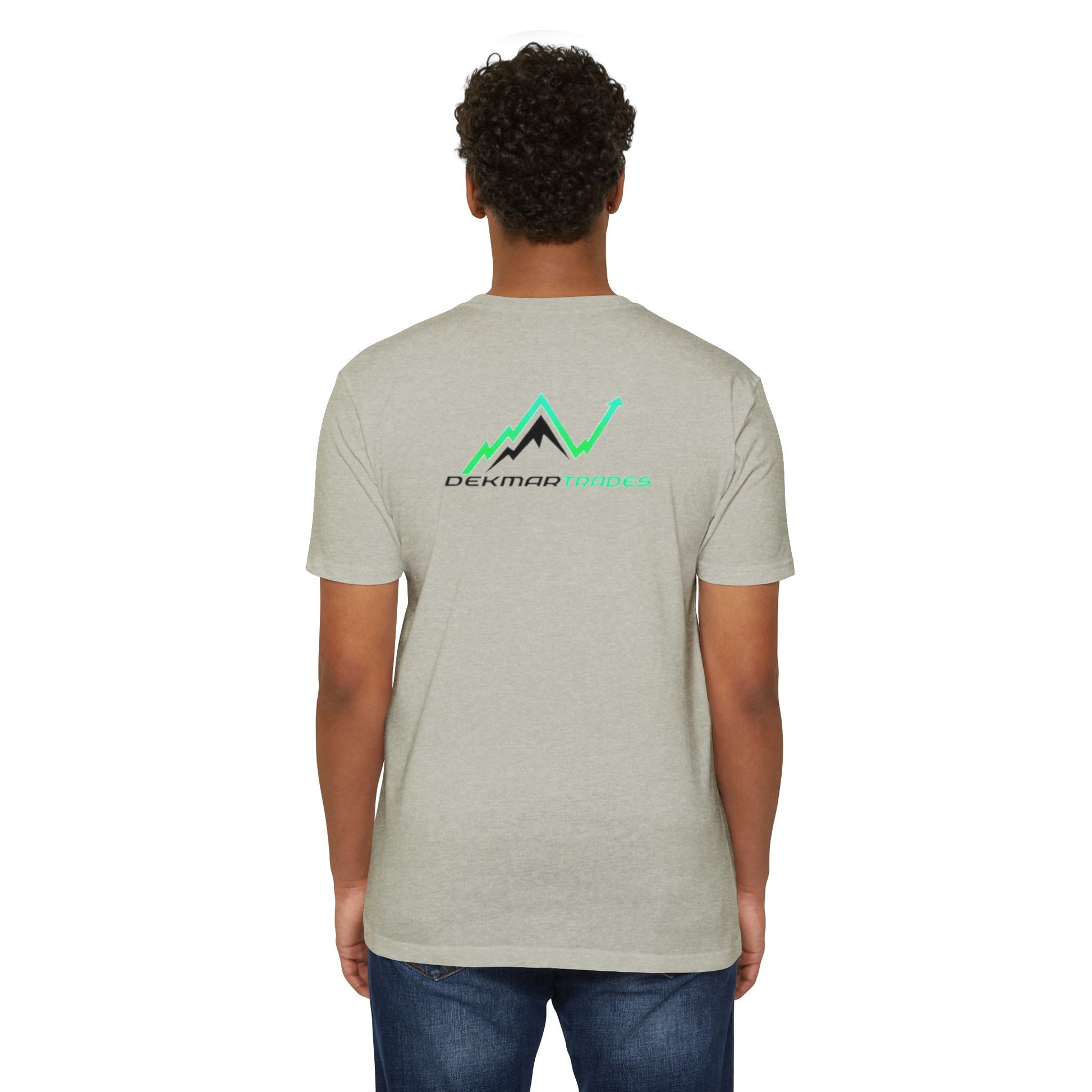 Male model back view in heather gray tee, Dekmar Trades mountain graphic in green and black