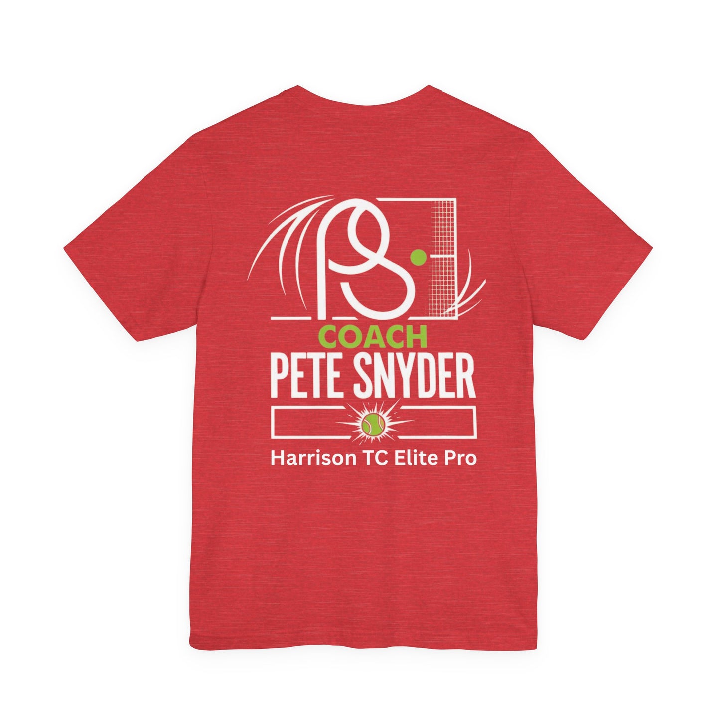 Flat lay back of heather red Coach Pete Snyder tee, dynamic white racket/net print, green "COACH PETE SNYDER" and "Harrison TC Elite Pro"