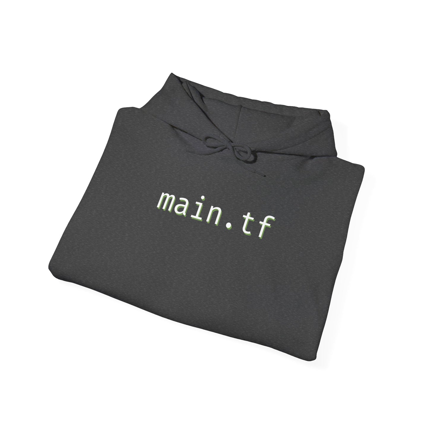 Folded dark heather gray hoodie showing "main.tf" light cyan print on chest, hood details