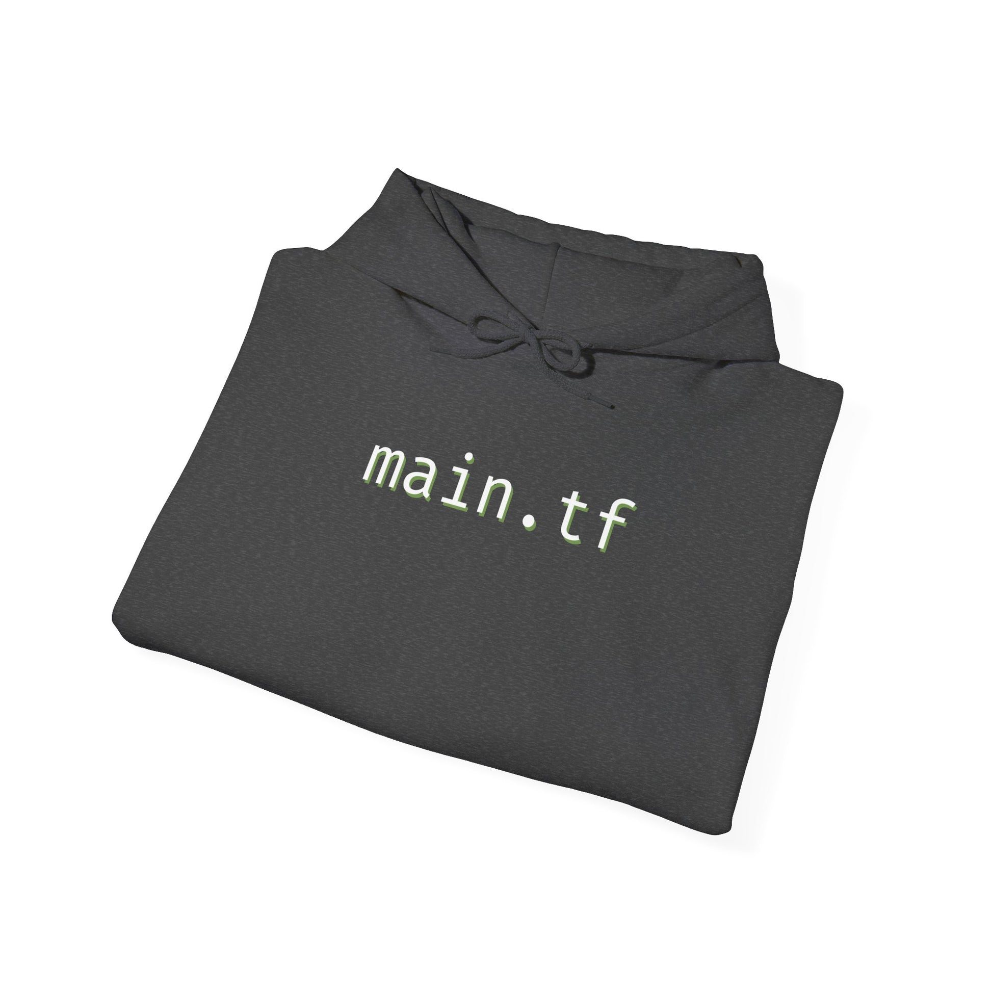 Folded dark heather gray hoodie showing "main.tf" light cyan print on chest, hood details
