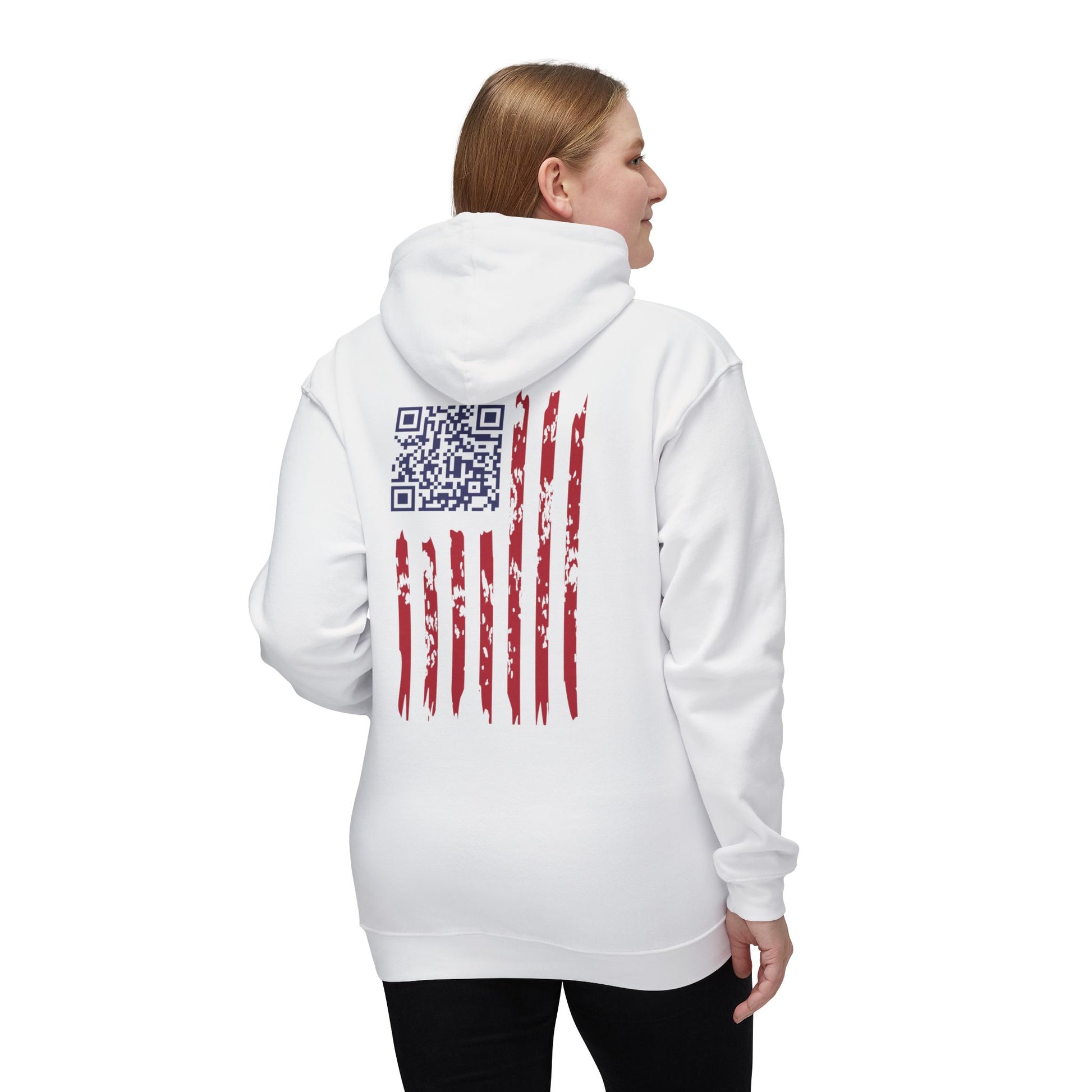 Woman modeling back view of white hoodie featuring gritty US flag and Trump dance QR code