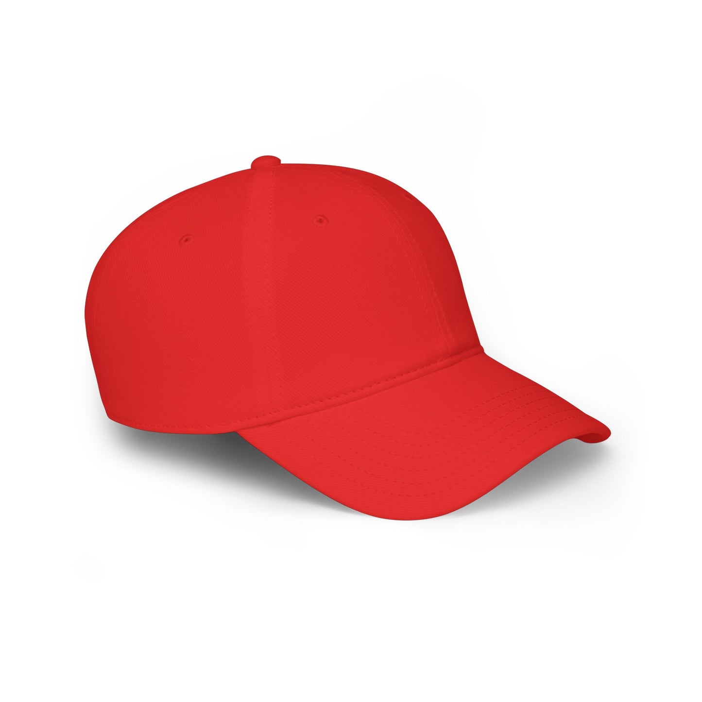 Angled side view of red low-profile baseball cap, unstructured crown vibes