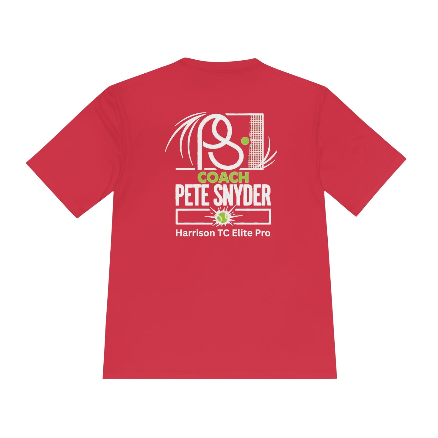 True red tee back view with white PS tennis swish design, "COACH PETE SNYDER" bold print
