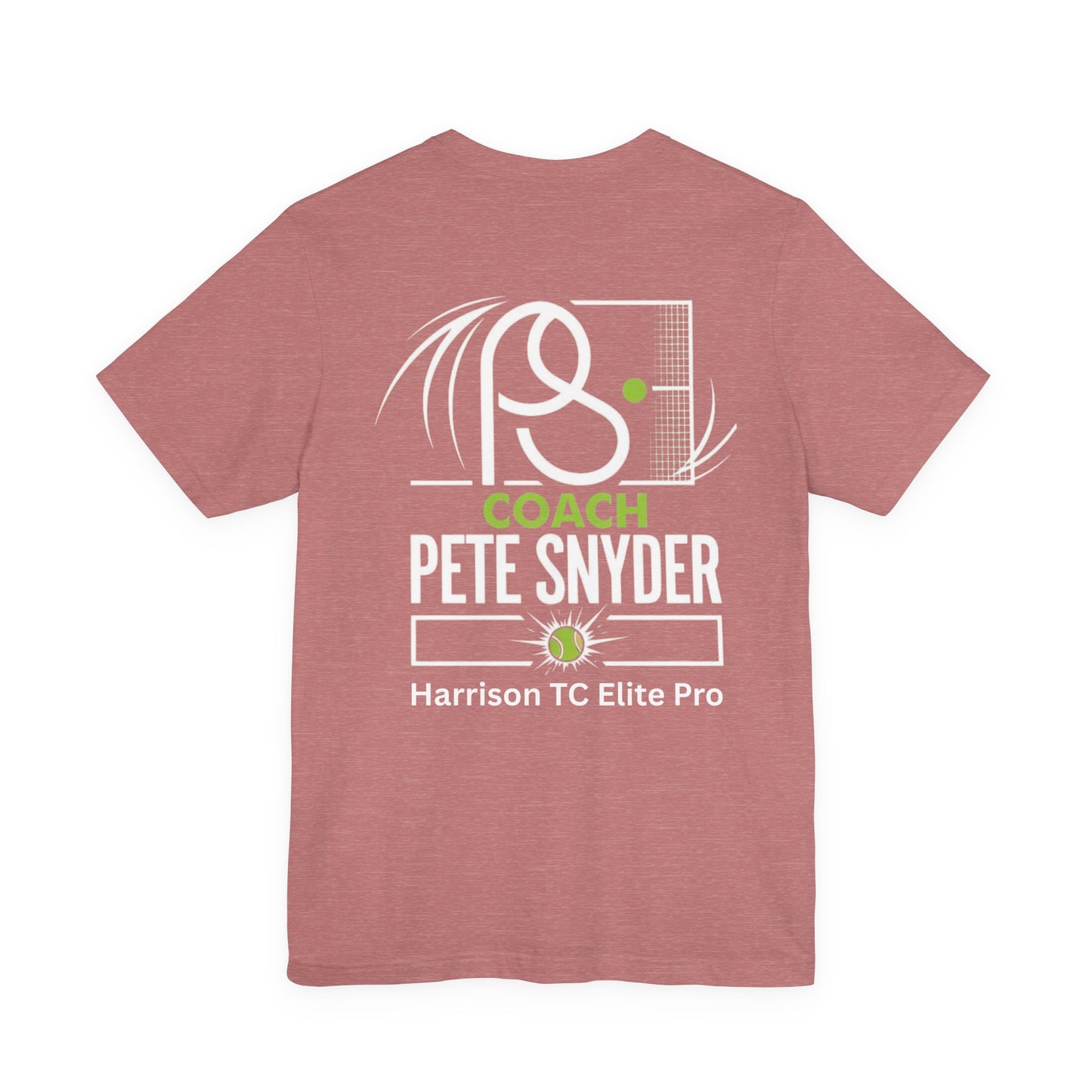 Back view of heather maroon Coach Pete Snyder tennis tee with white racquet outline, green accents, "COACH PETE SNYDER" and "Harrison TC Elite Pro"