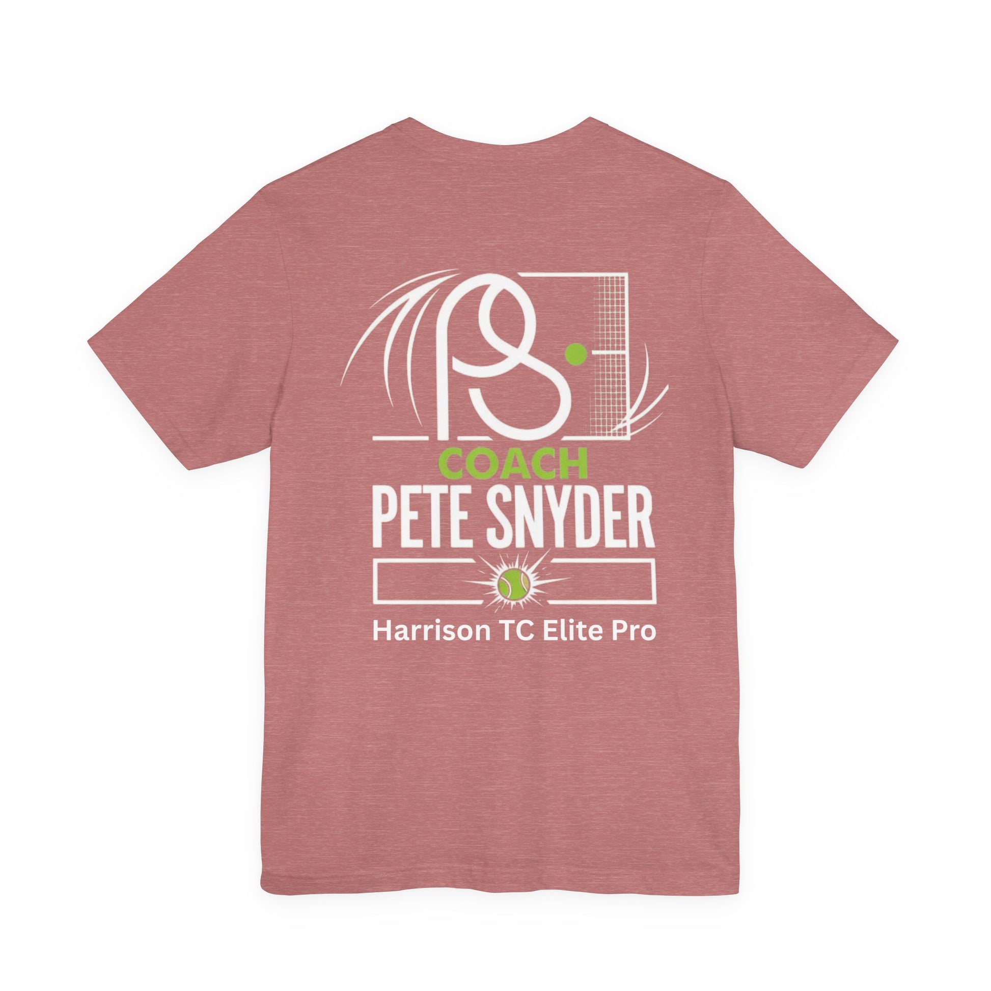 Back view of heather maroon Coach Pete Snyder tennis tee with white racquet outline, green accents, "COACH PETE SNYDER" and "Harrison TC Elite Pro"