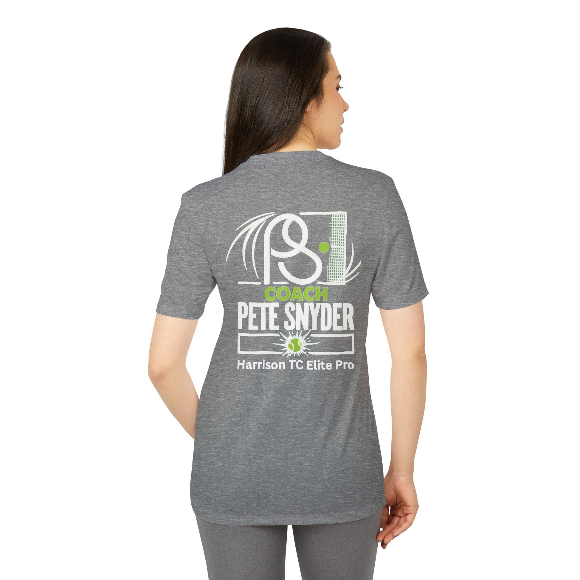 Male model side-front heather gray tee, white outlined "P8 Tennis" logo on sleeve area, hands in pockets, sporty relaxed fit
