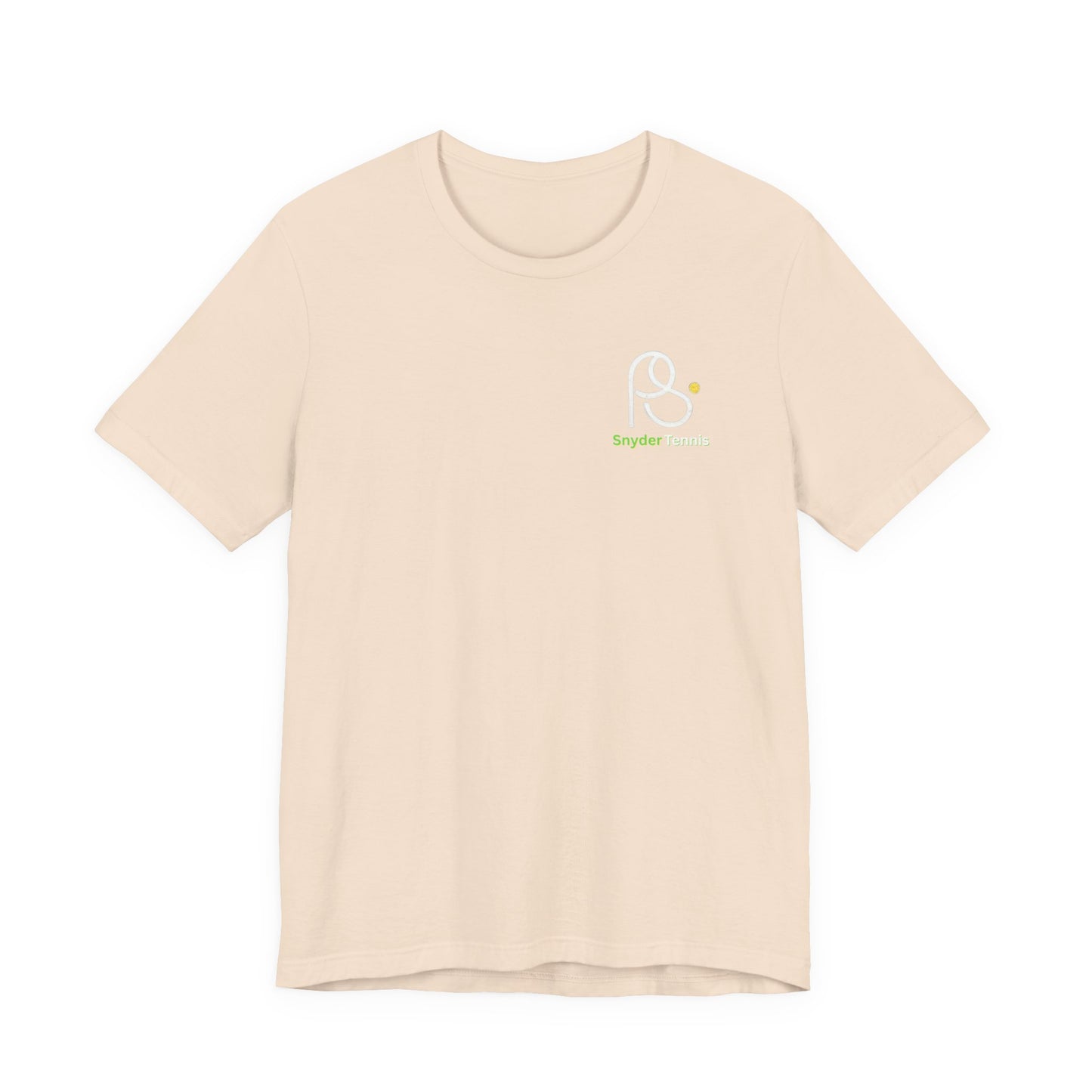 Front view of light beige cotton crewneck tee with small white PS tennis logo and green dot on chest