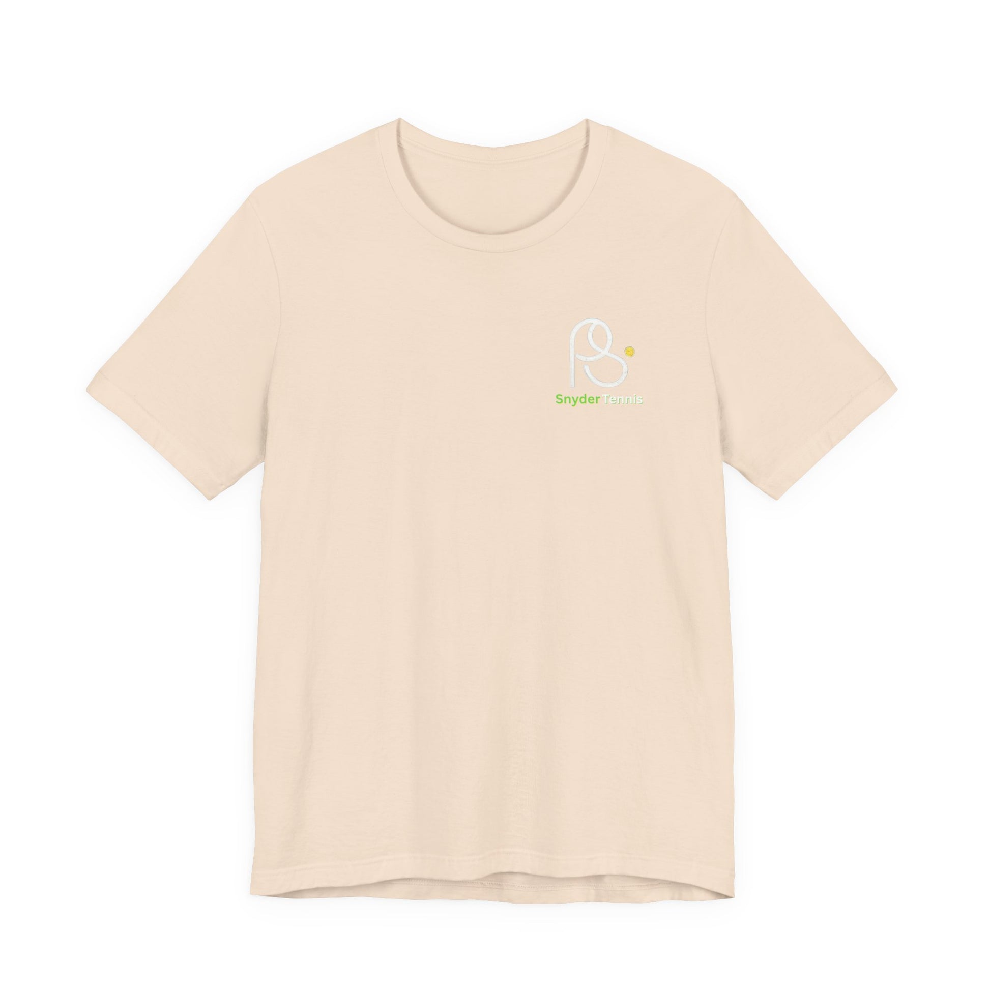 Front view of light beige cotton crewneck tee with small white PS tennis logo and green dot on chest