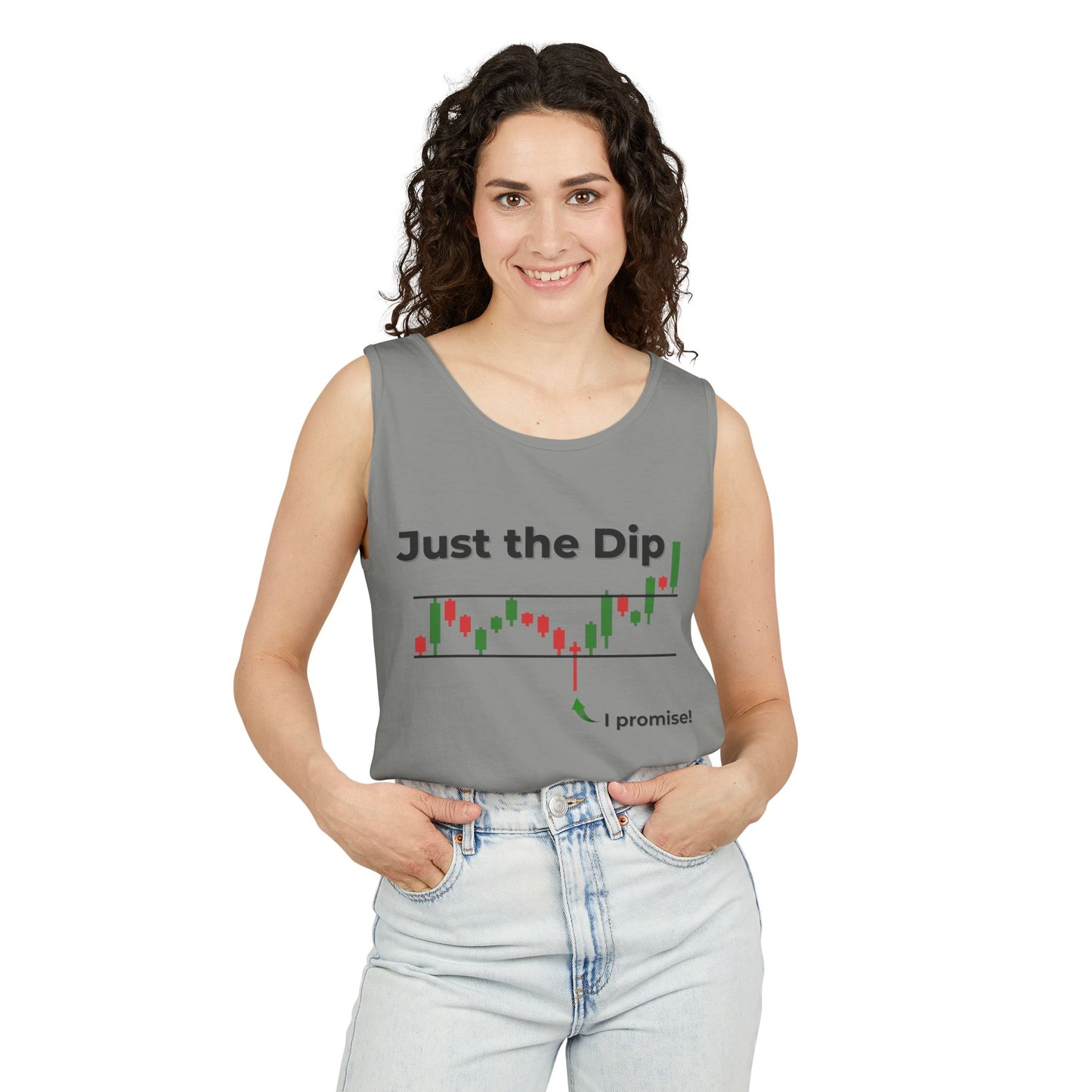 Woman smiling in front of gray "Just the Dip" tank featuring cheeky candlestick dip chart