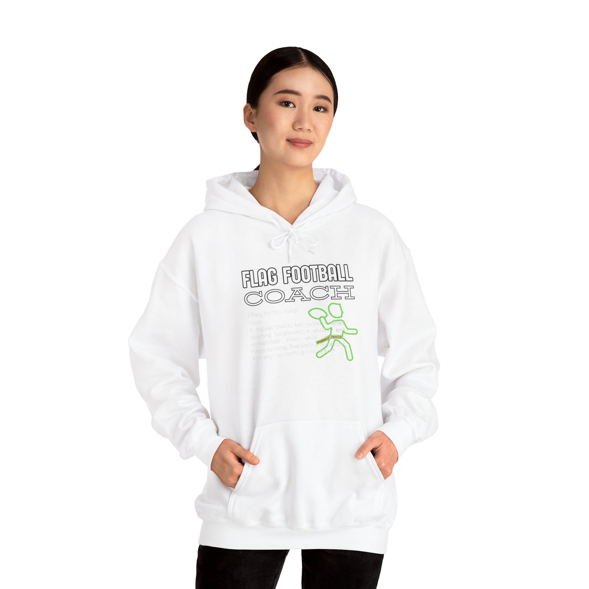 Asian female model front view in white Flag Football Coach hoodie, neon green runner graphic, hands in pockets, casual pose