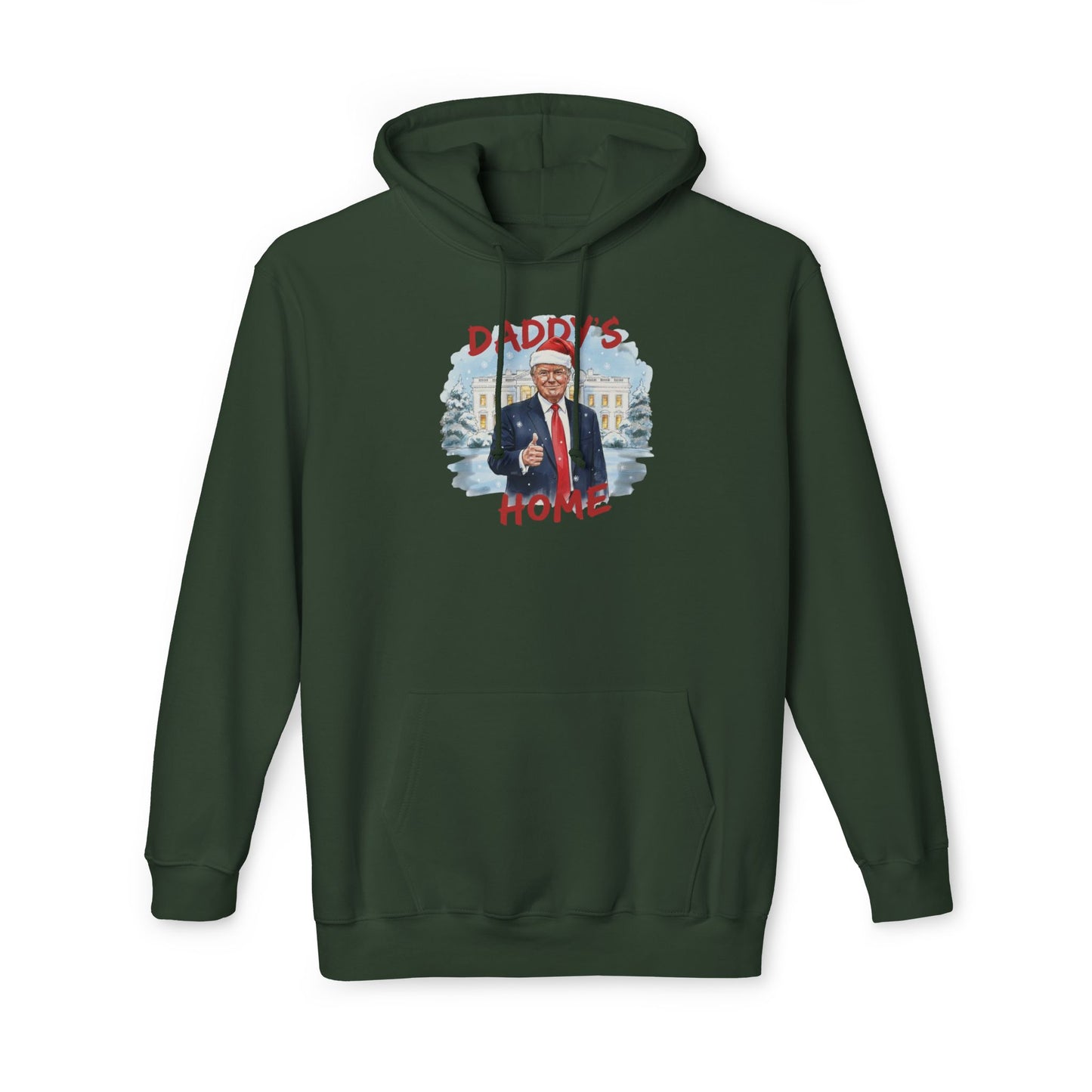 Front view of royal blue "Daddy's Home" Trump Christmas hoodie, festive Santa Trump graphic