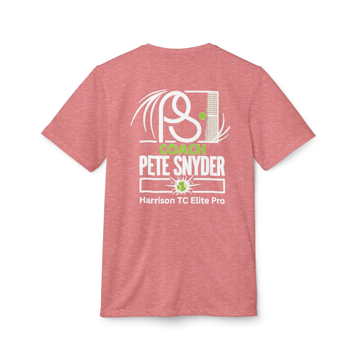 Back view of heather red adidas tee, crisp white "COACH PETE SNYDER" and tennis racket design with green highlights, Harrison TC Elite Pro text