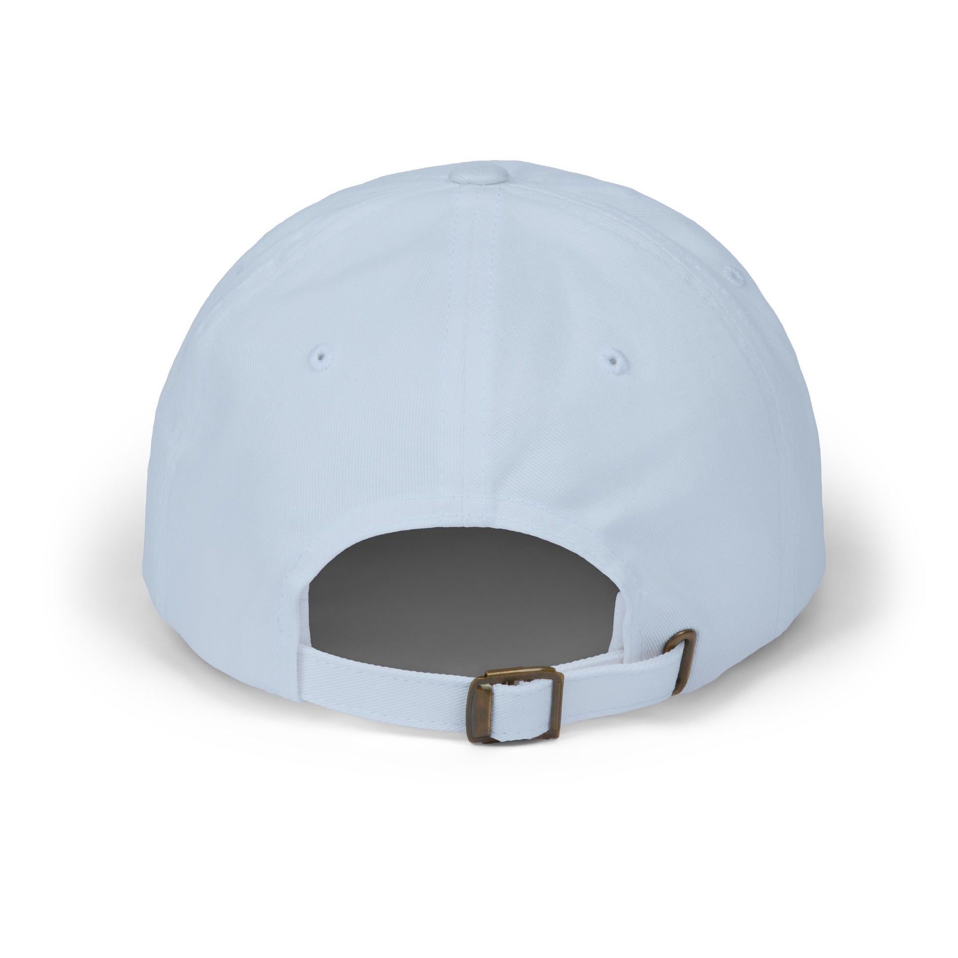 Back view of light blue dad hat with brass buckle strap, clean unstructured profile