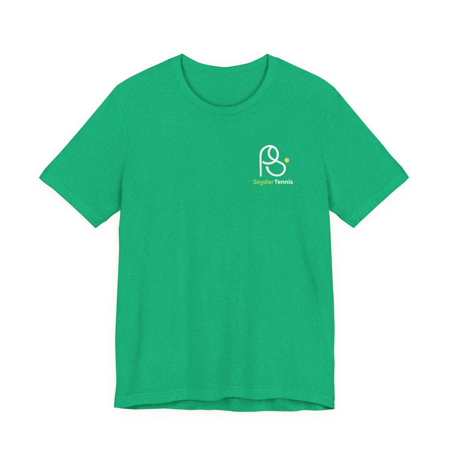 Flat front view lime green Pete Snyder tennis tee with white P Tennis chest logo