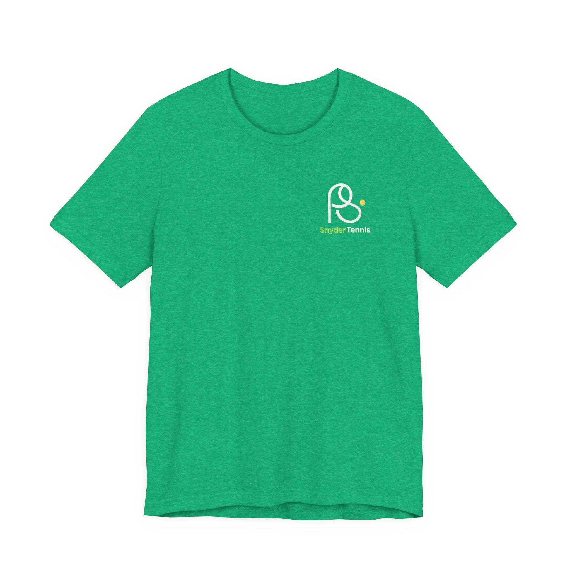 Flat front view lime green Pete Snyder tennis tee with white P Tennis chest logo