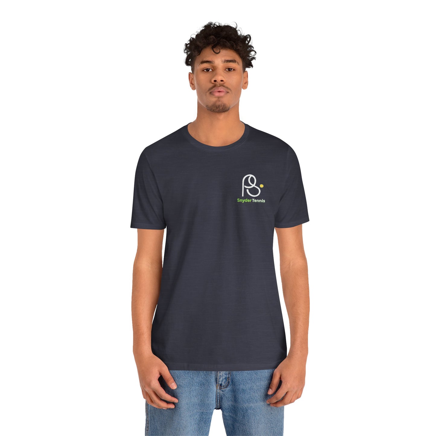 Man modeling front of charcoal gray Coach Pete Snyder tee with PS tennis logo on chest, casual vibe