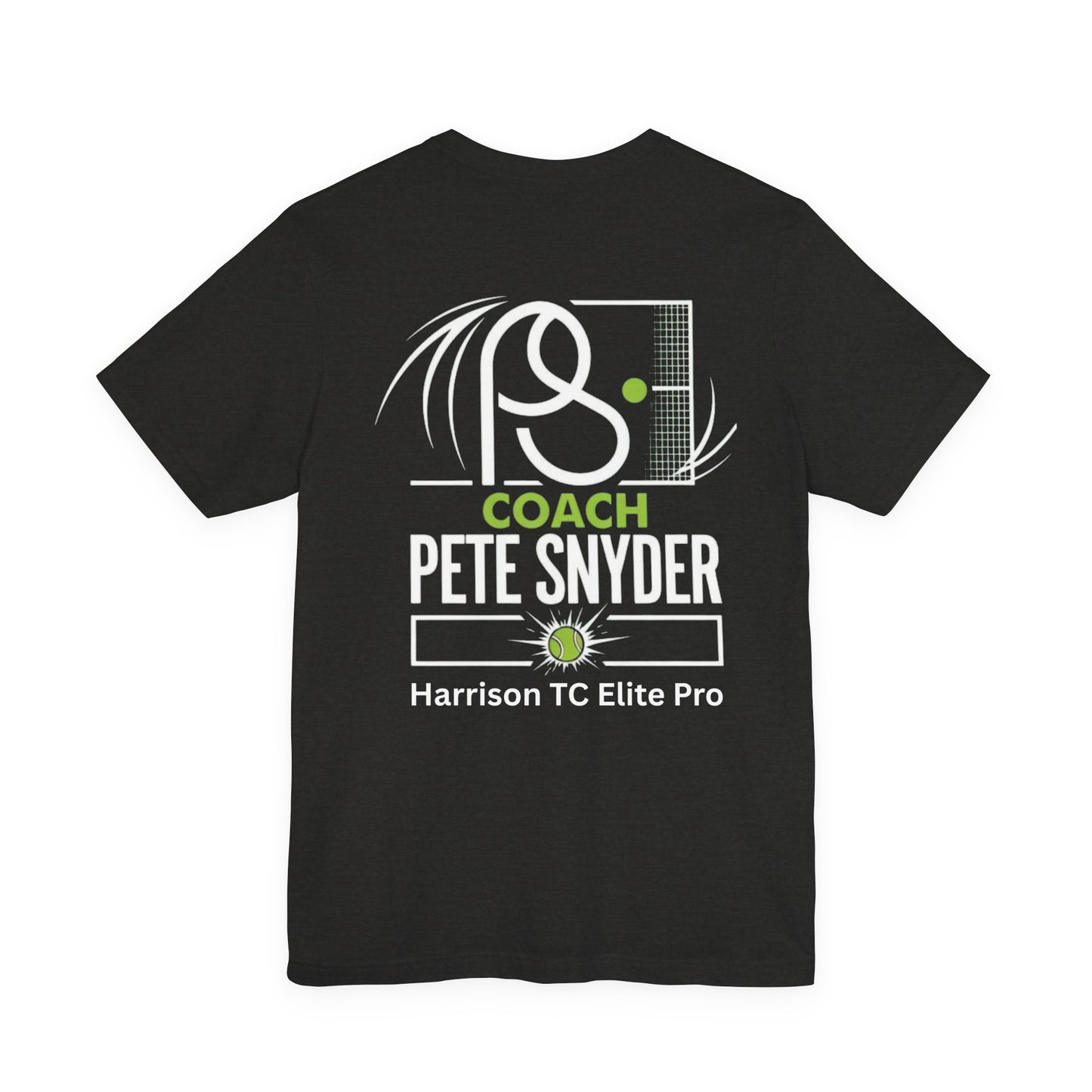 Back view of black Coach Pete Snyder tee featuring dynamic white tennis graphic, "COACH PETE SNYDER" text and Harrison TC Elite Pro