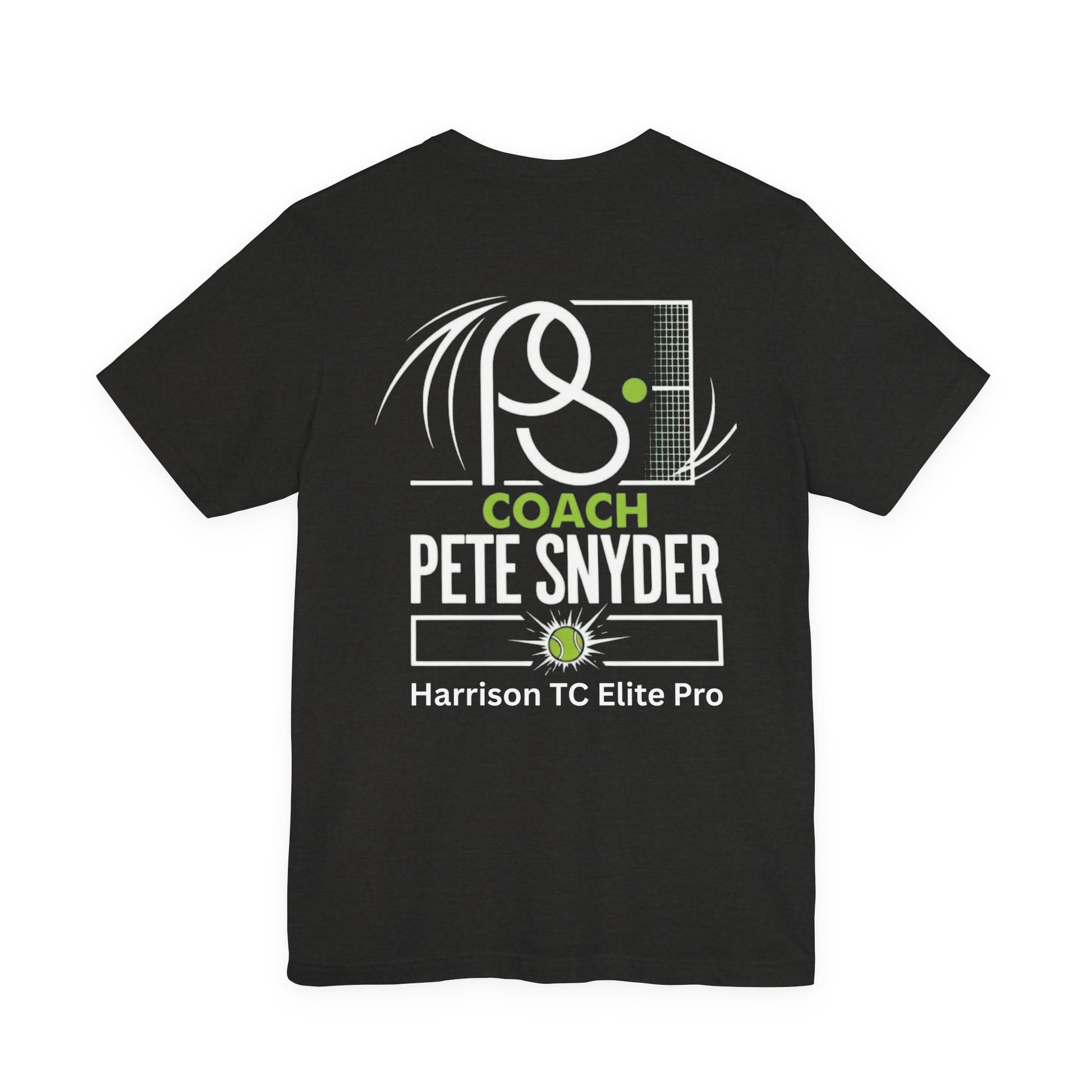 Back view of black Coach Pete Snyder tee featuring dynamic white tennis graphic, "COACH PETE SNYDER" text and Harrison TC Elite Pro
