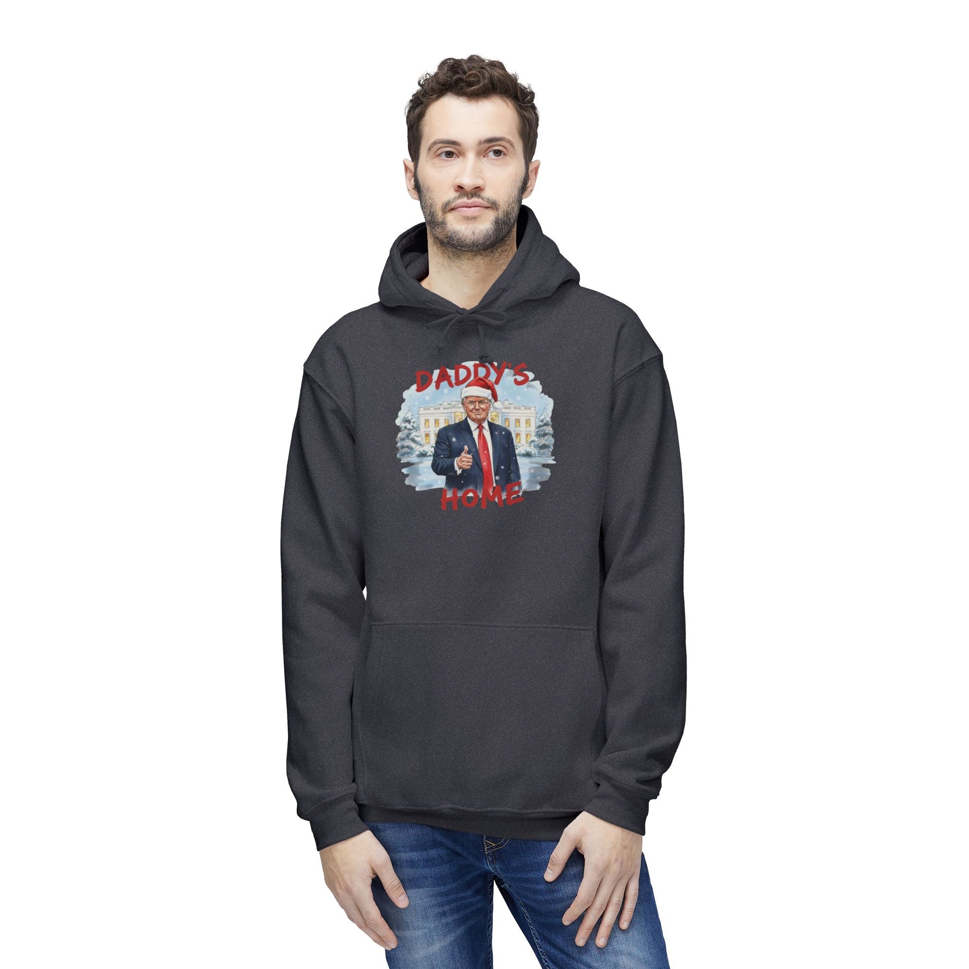 Man wearing front of charcoal "Daddy's Home" hoodie, Trump in Santa hat and snowy scene