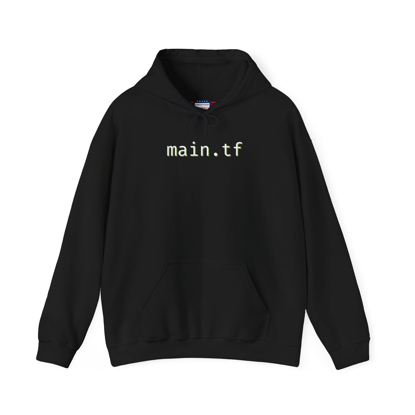 Front view of black main.tf hoodie with crisp white "main.tf" print centered on chest