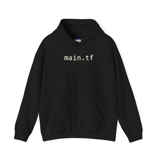 Front view of black main.tf hoodie with crisp white "main.tf" print centered on chest