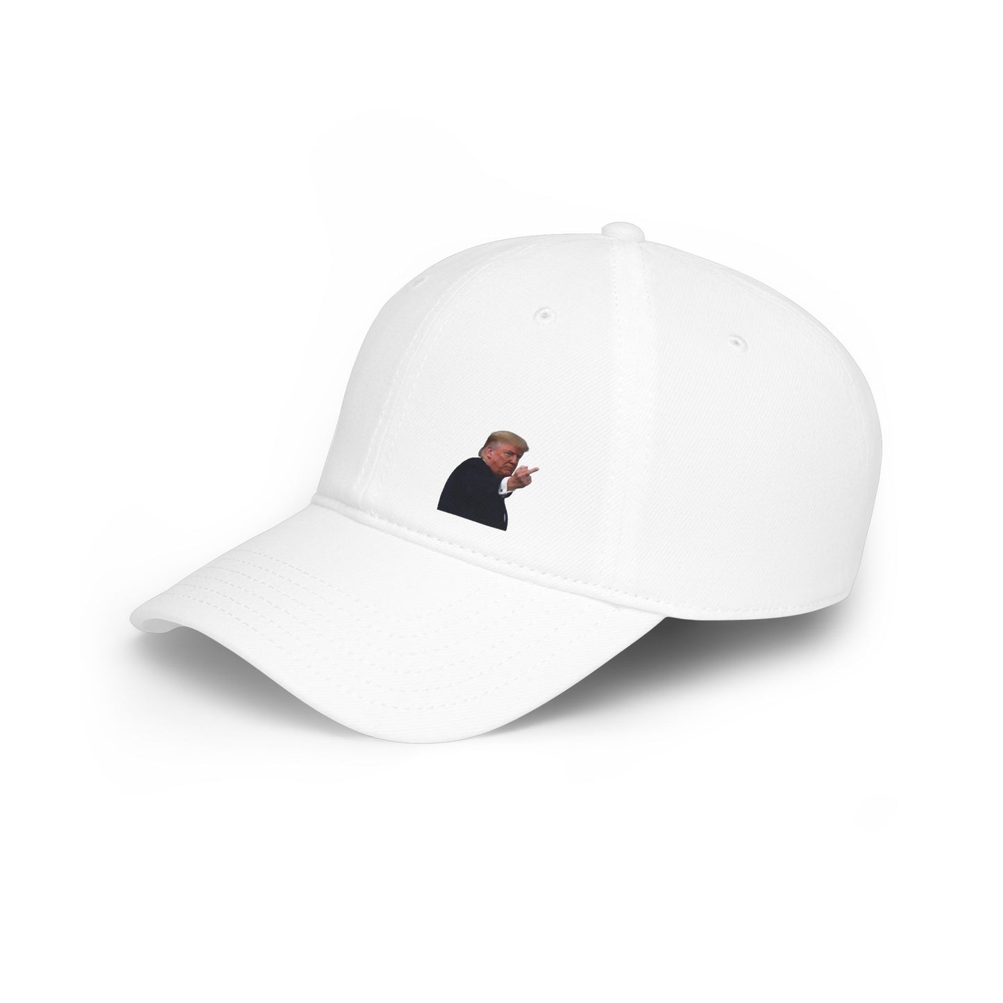 White baseball cap angled to show embroidered Trump in suit making cheeky Ford plant gesture