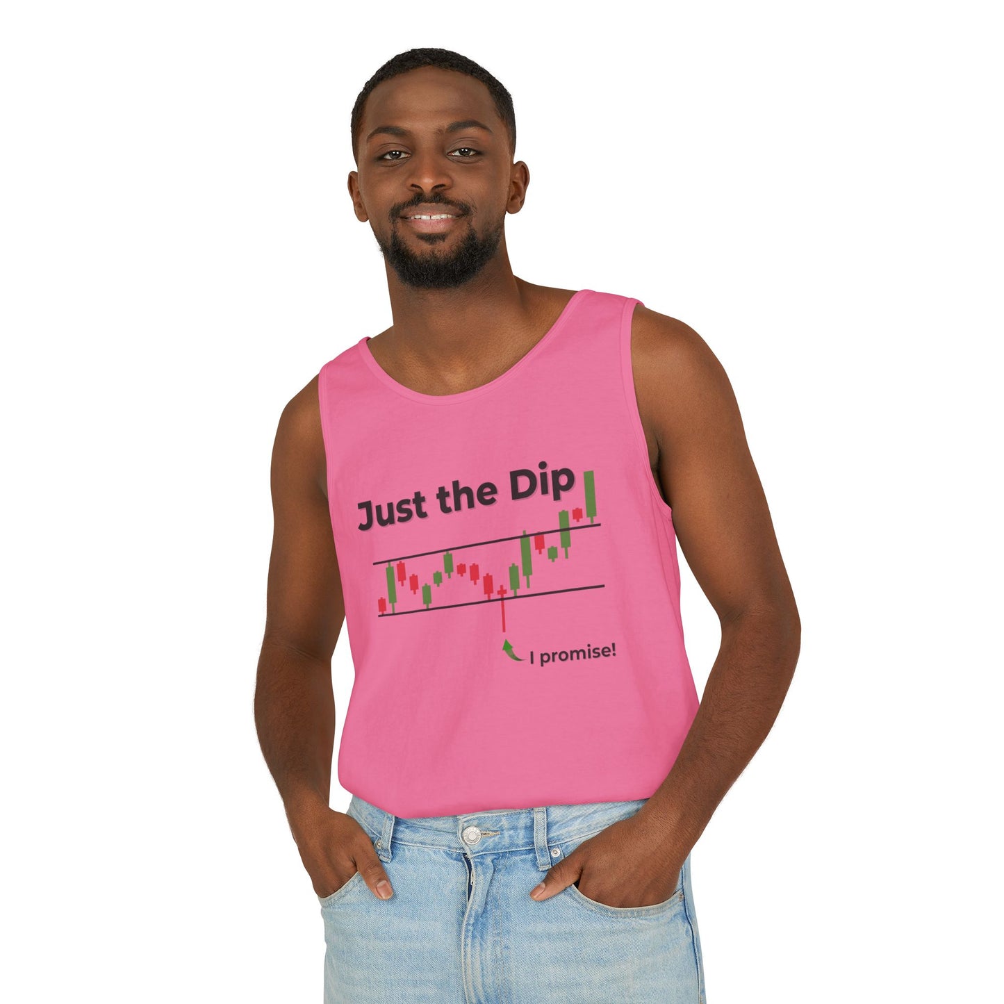 Bearded man grins in front view of hot pink "Just the Dip" tank, candlestick dip chart and "i promise!" arrow print, jeans