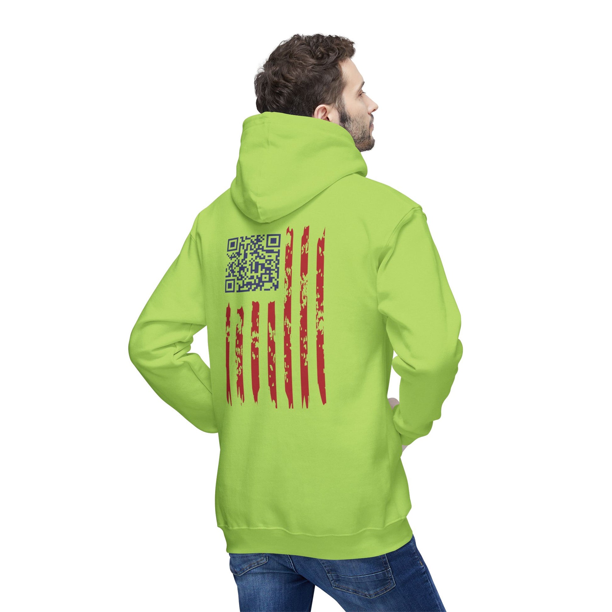 Side back view of man in lime green Trump hoodie showing distressed flag and QR code