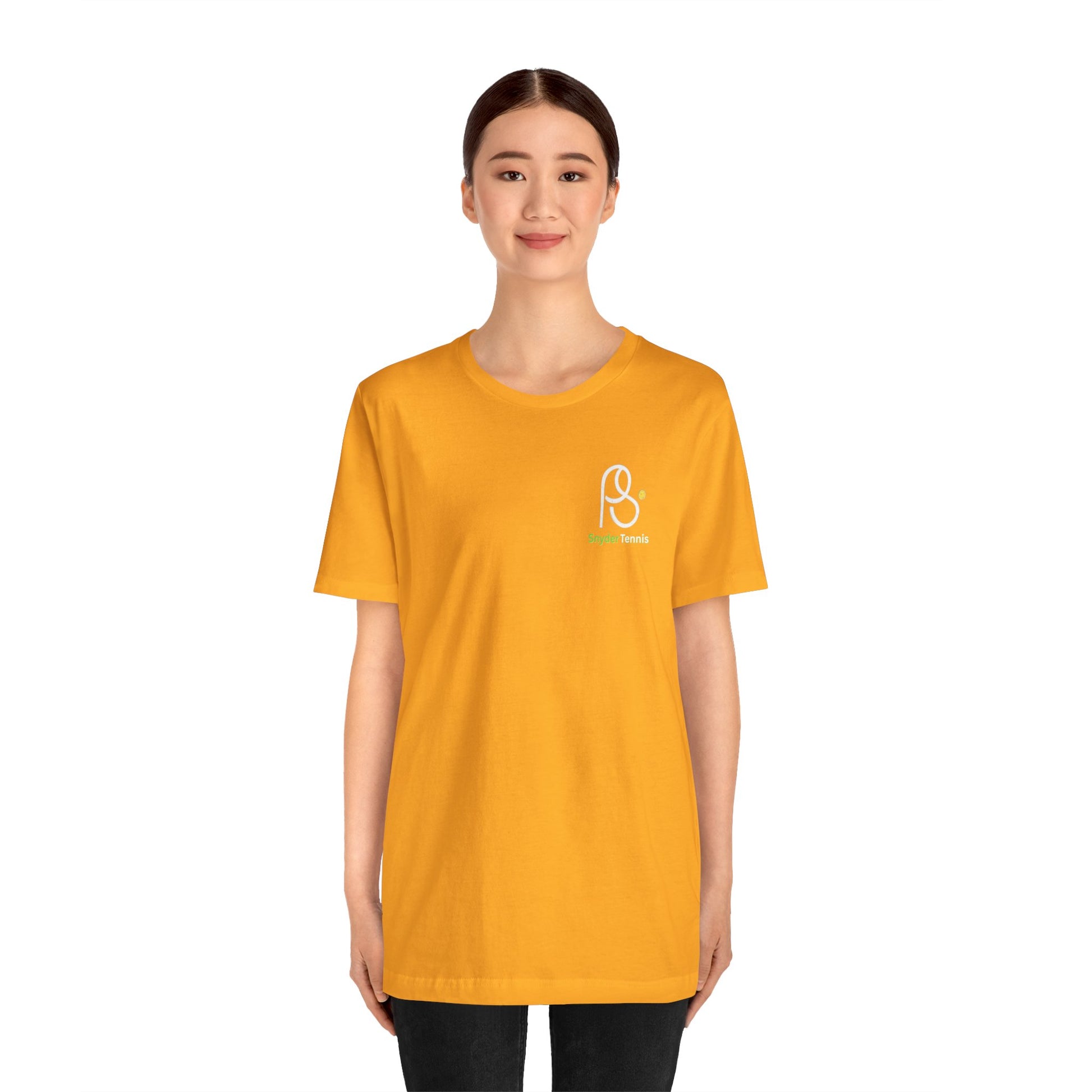 Female model rocking gold Pete Snyder tennis T-shirt, front view showing P Tennis logo on chest