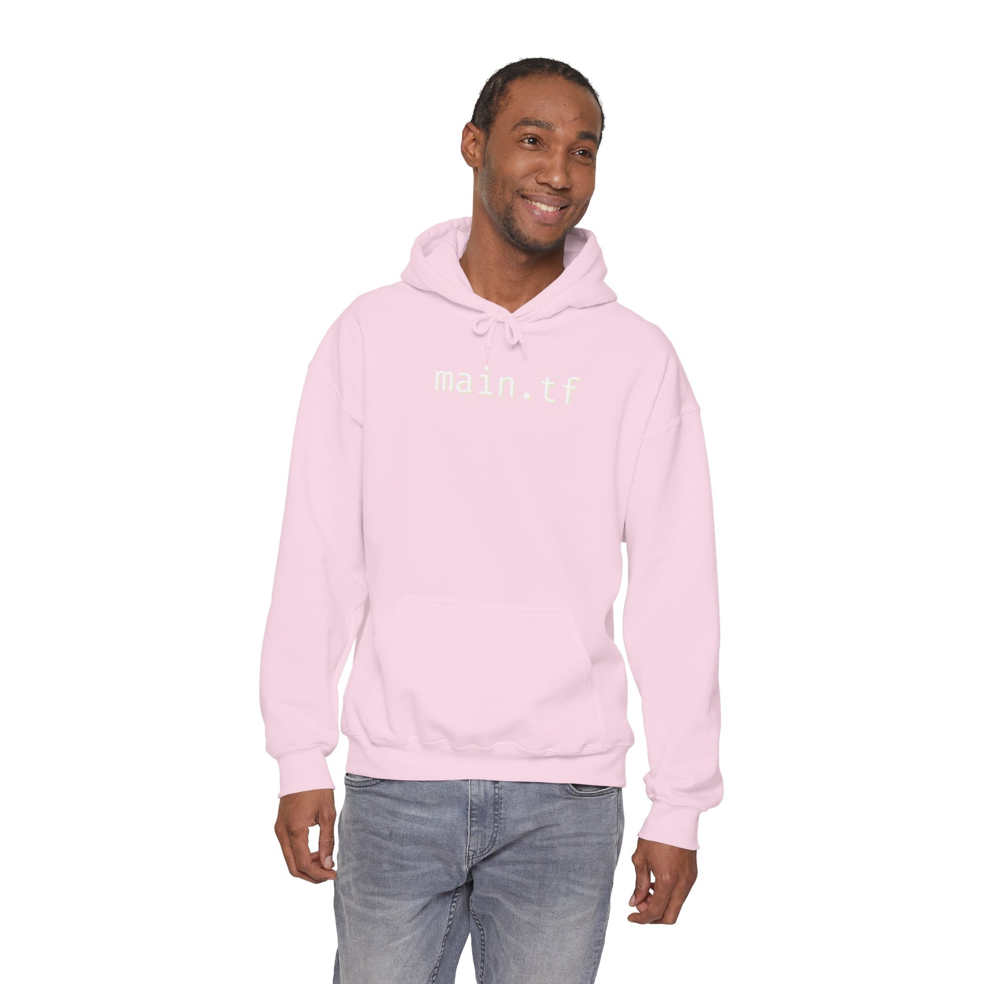 Size chart overlay on light pink Gildan 18500 hoodie, imperial/metric sizes S-5XL
