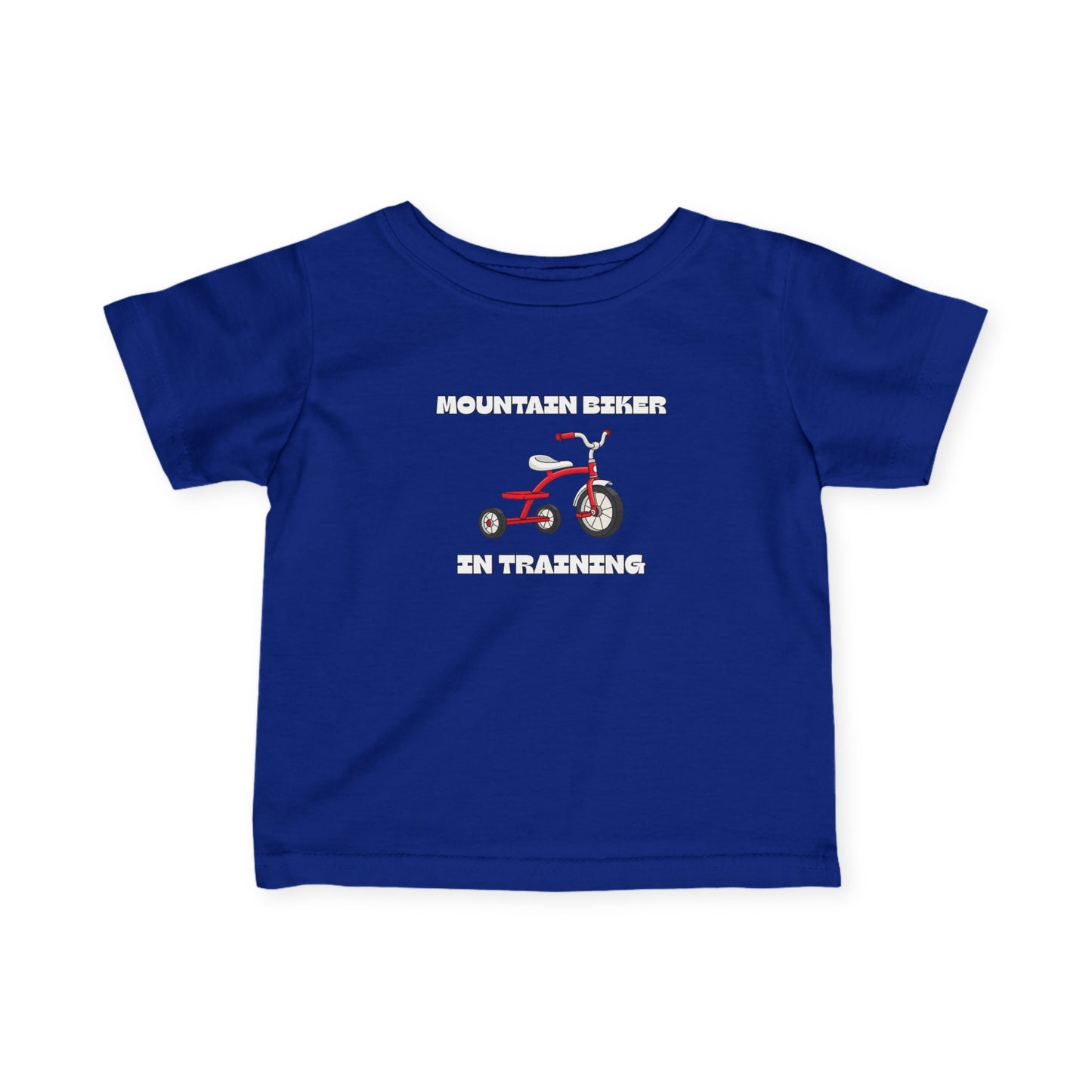 Navy 'Mountain Biker in training' red tricycle infant tee - front view