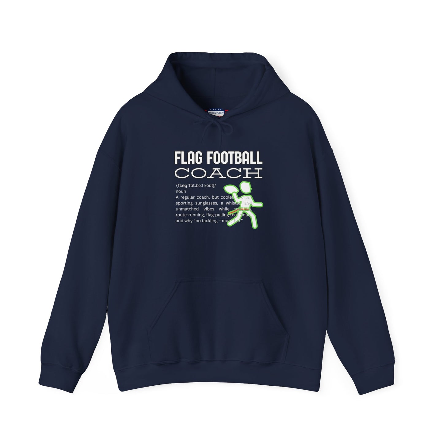Front view of navy Flag Football Coach hoodie with white outline text, neon green runner graphic