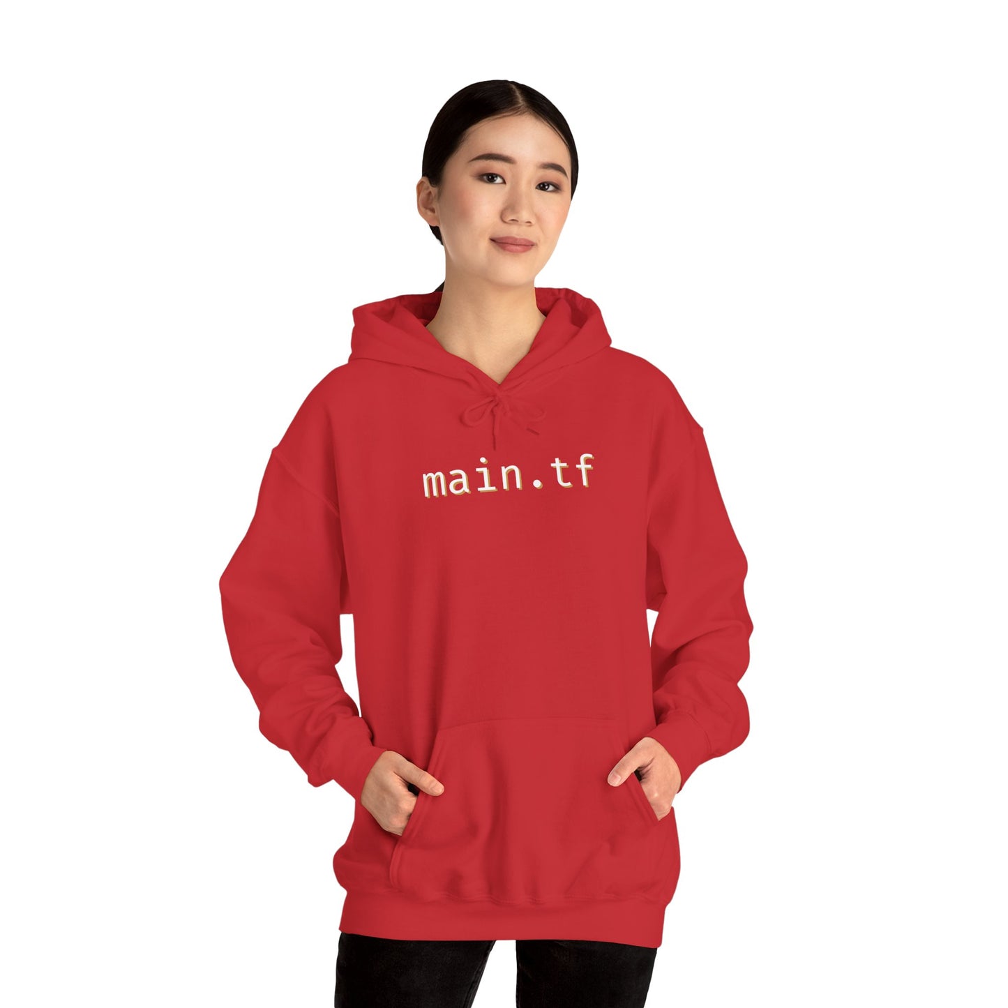 Male model with curly hair front view in red "main.tf" hoodie