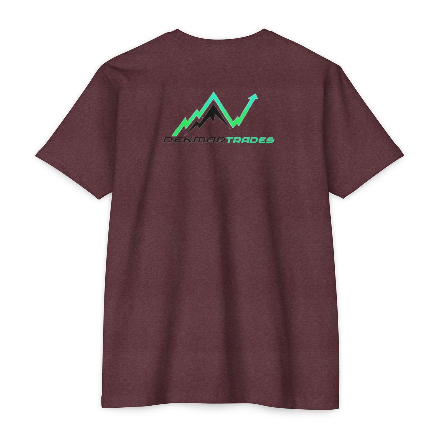 Back view of maroon heather unisex t-shirt featuring teal Peakman Trades mountain uptrend chart graphic