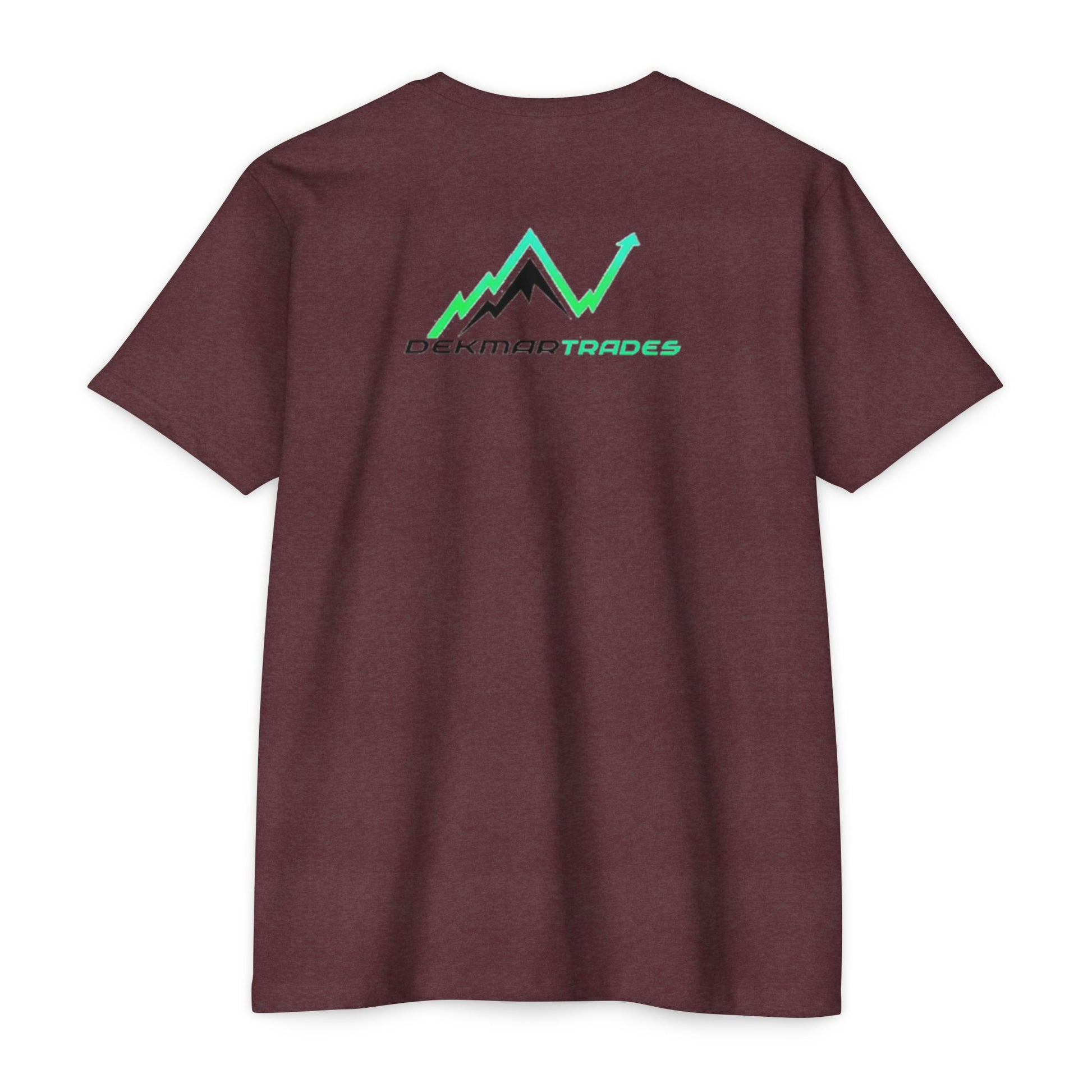 Back view of maroon heather unisex t-shirt featuring teal Peakman Trades mountain uptrend chart graphic