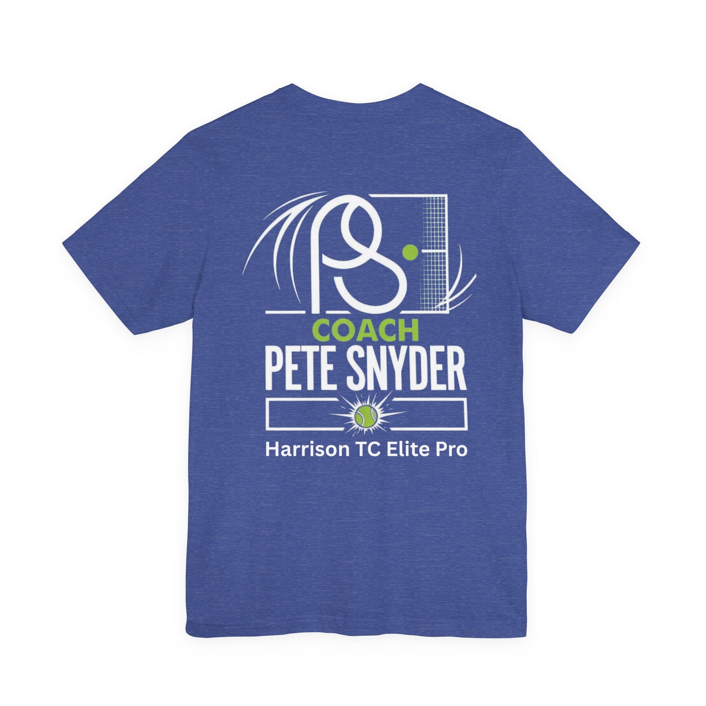 Flat back of heather navy tee, dynamic white swish/net/tennis ball print, "COACH PETE SNYDER Harrison TC Elite Pro"