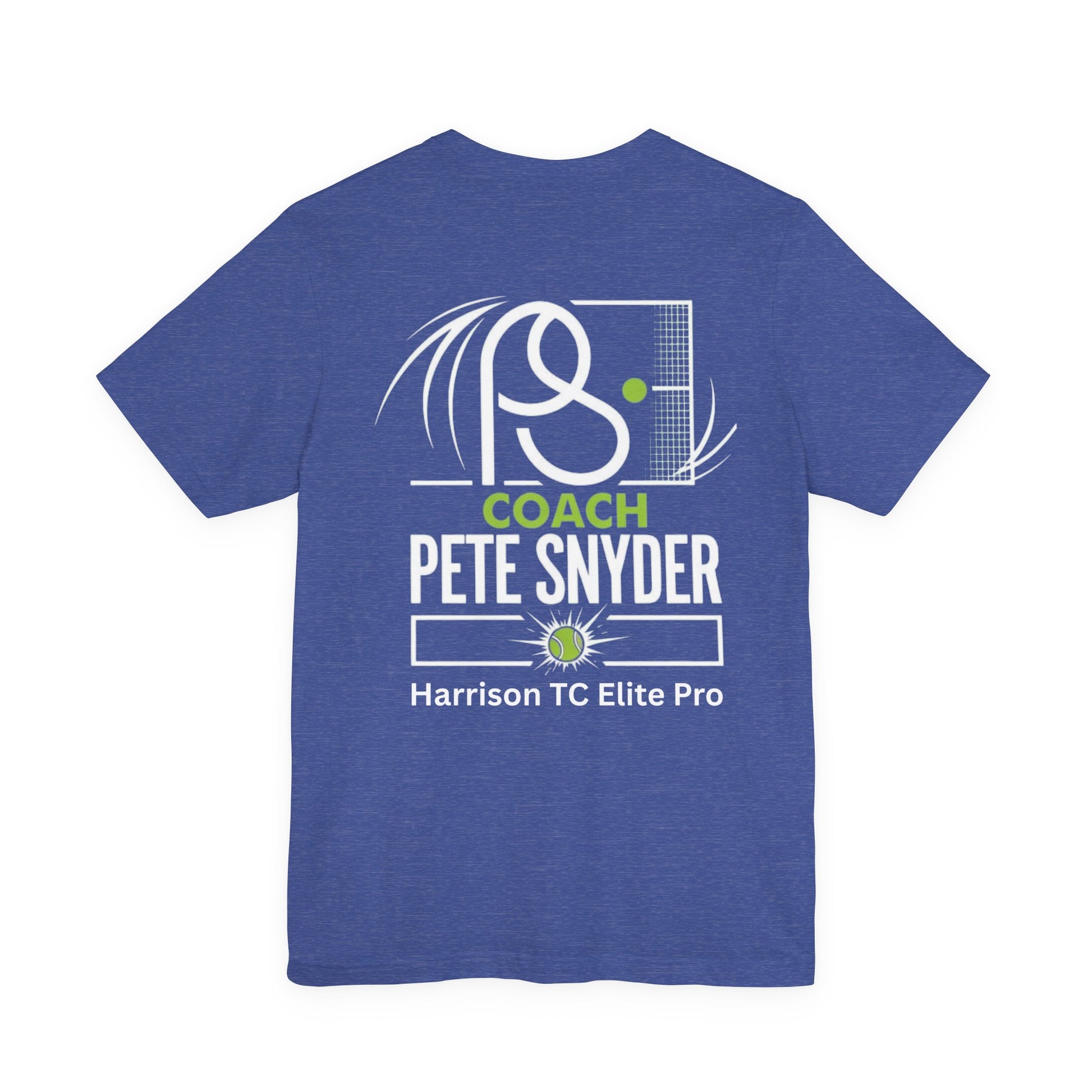 Flat back of heather navy tee, dynamic white swish/net/tennis ball print, "COACH PETE SNYDER Harrison TC Elite Pro"