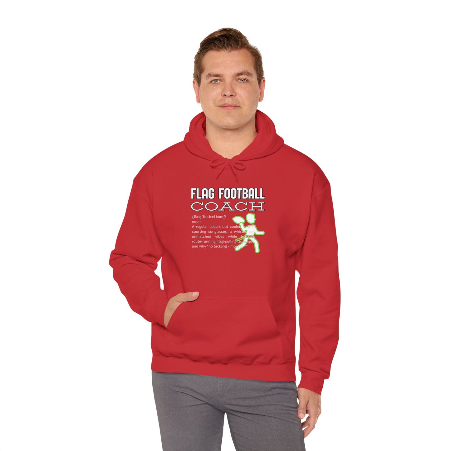 Short-haired man in front pose wearing red Flag Football Coach hoodie, dictionary-style print visible
