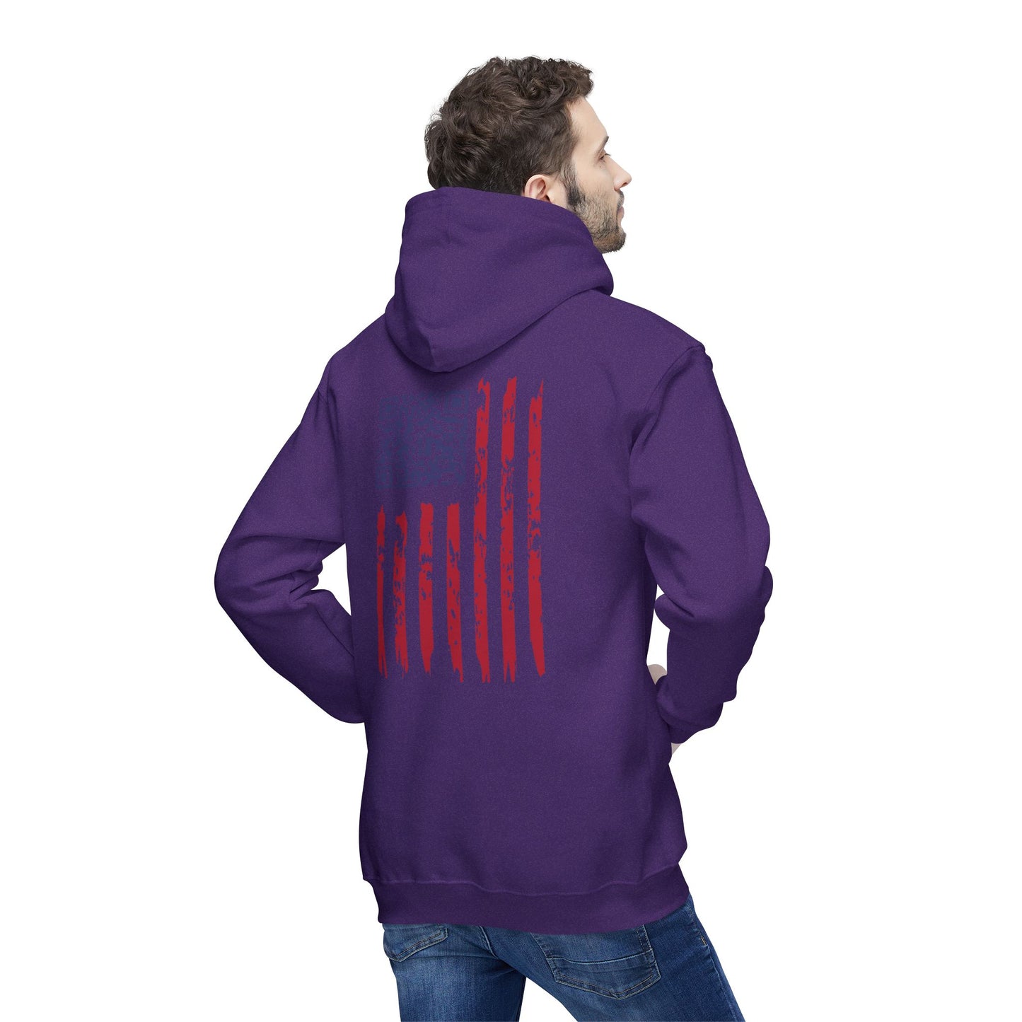 Guy rear view in purple hoodie, gritty US flag on back