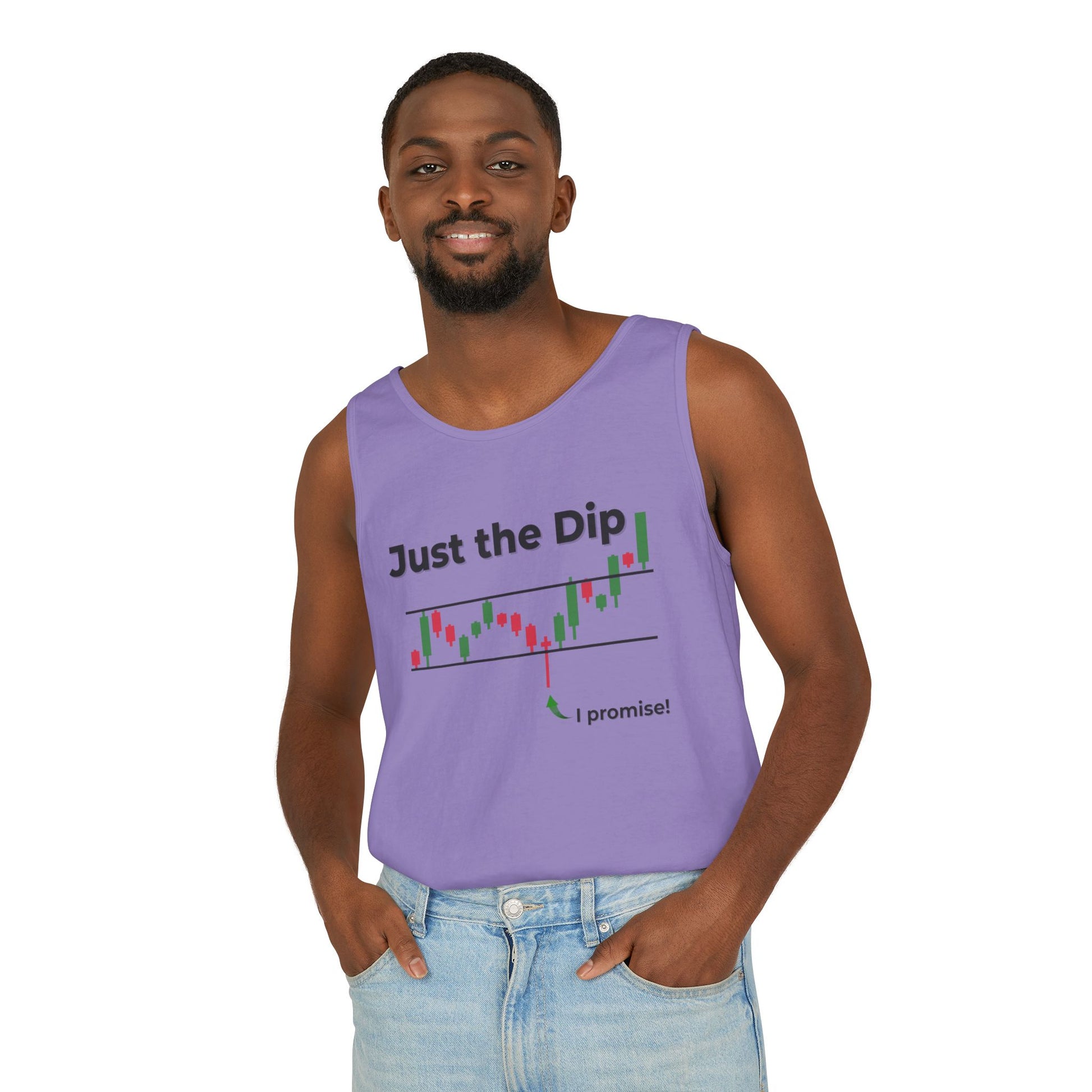 Man modeling purple "Just the Dip" workout tank front, candlestick chart dip with "I promise!" pointer