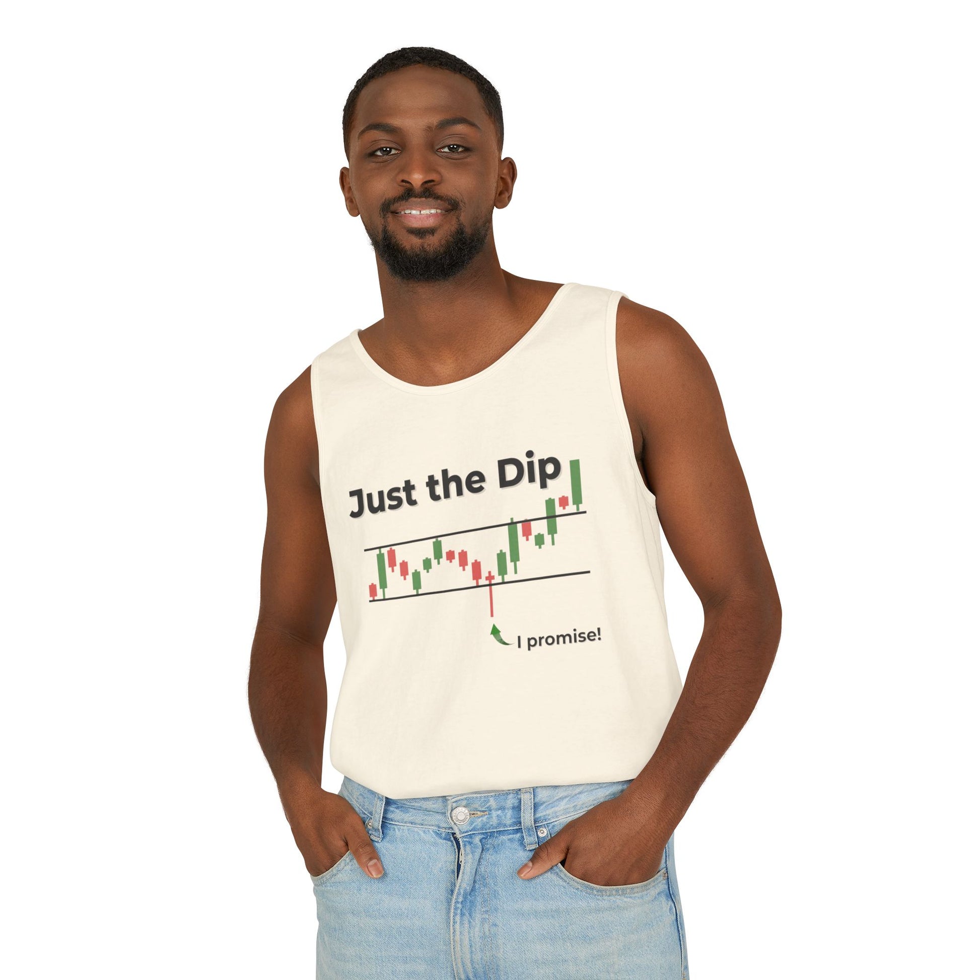 Man modeling ivory "Just the Dip" front with candlestick dip chart and cheeky "I promise!" arrow, jeans