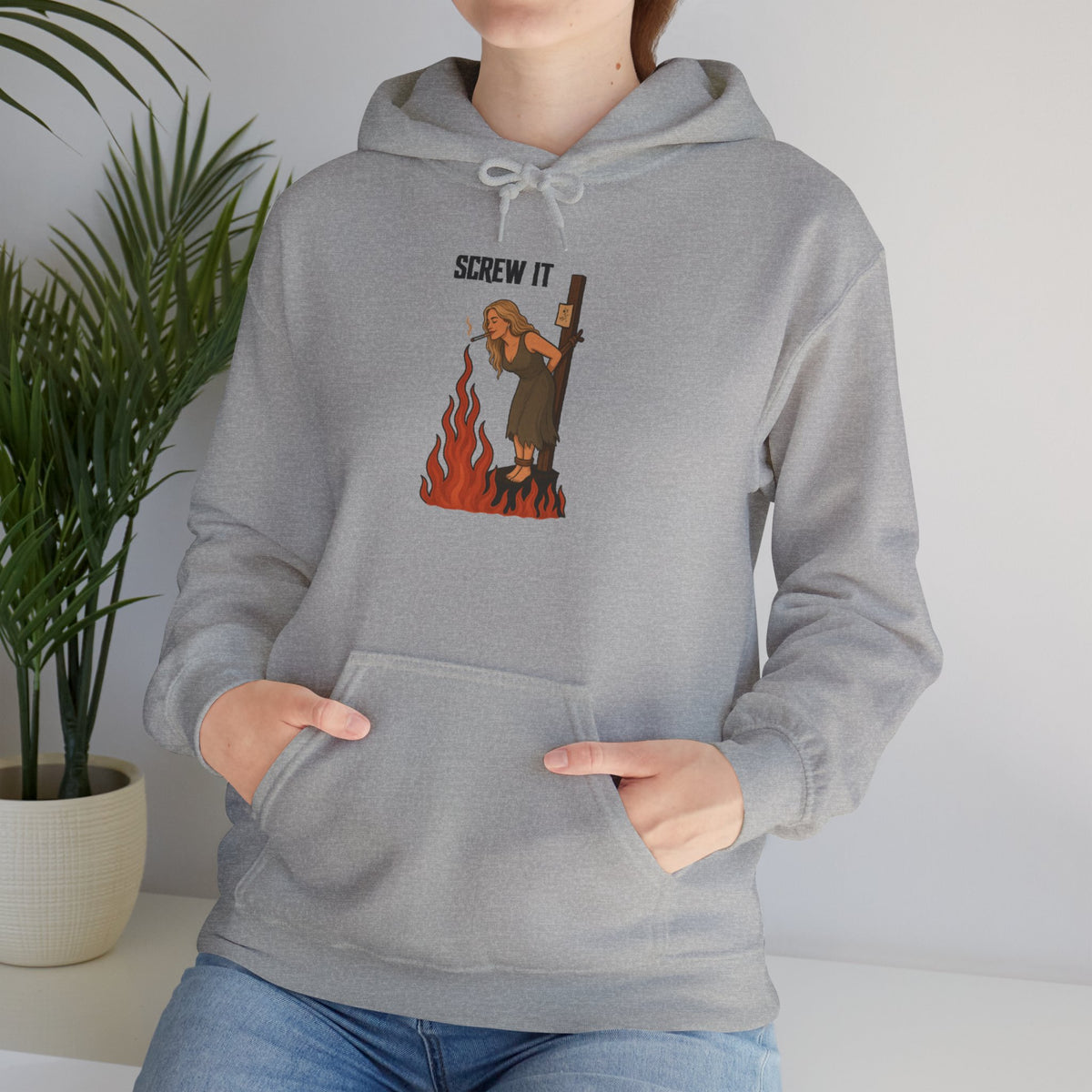 Screw It Hoodie – Funny Retro Character Flaming Witch Graphic Sweatshirt