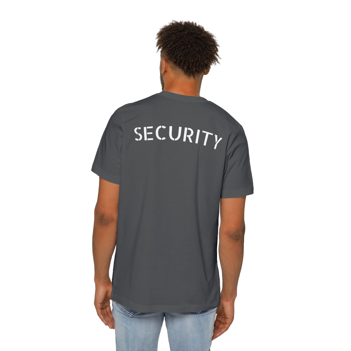 Rear view of man in heather gray tee showing large white "SECURITY" back print