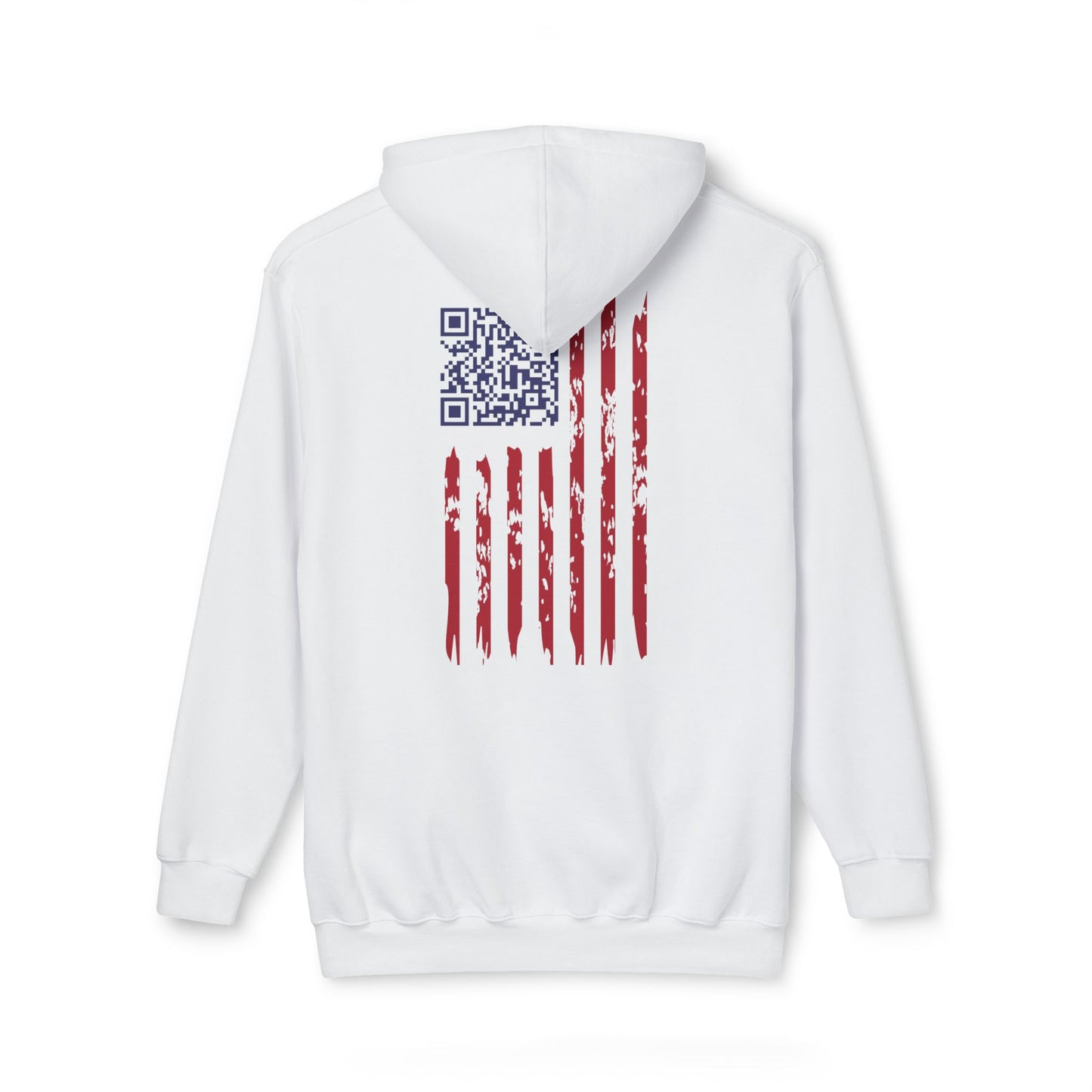 Back view of white hoodie with distressed American flag and blue Trump dance QR code