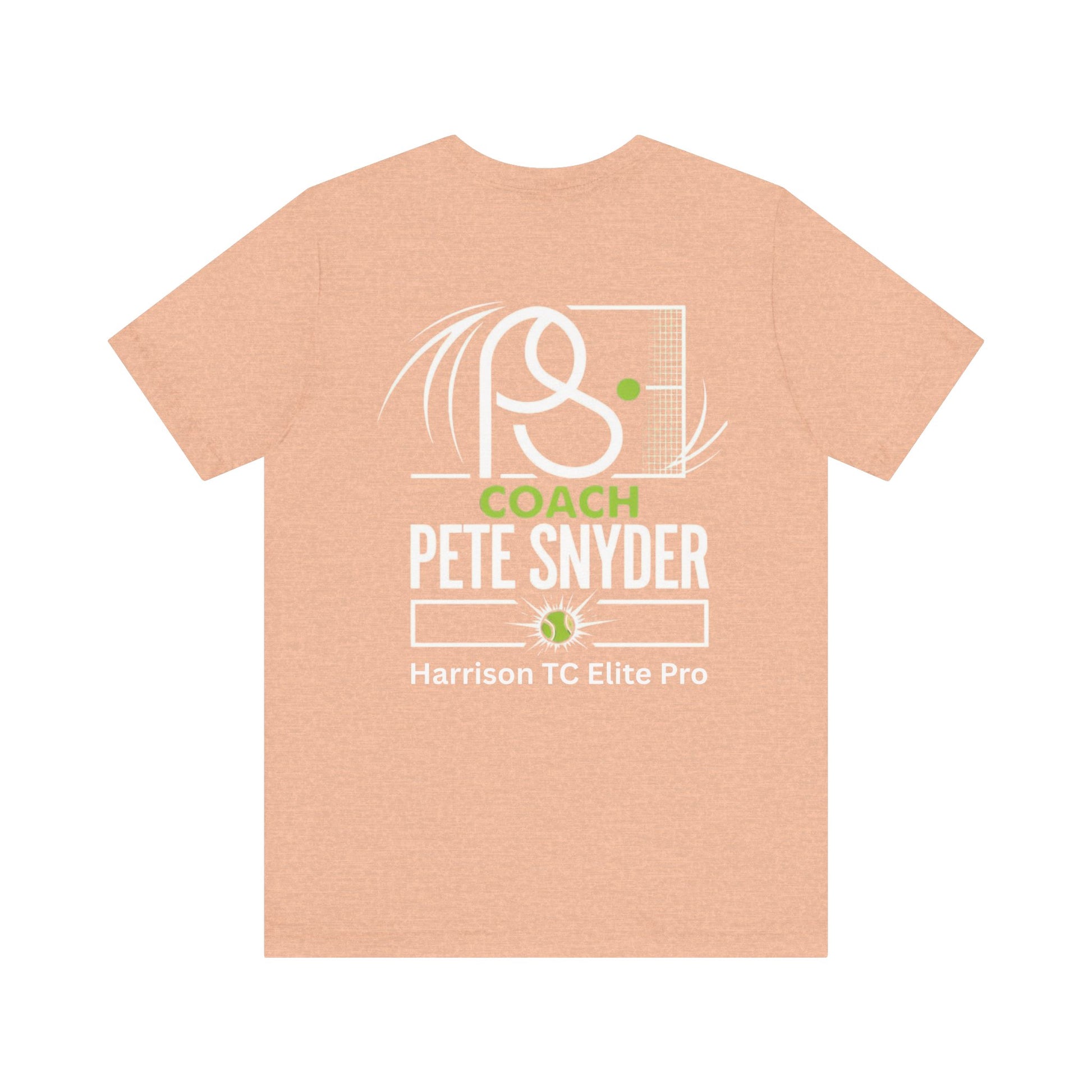 Flat back view of peach tee with tennis racket/net print, "COACH PETE SNYDER Harrison TC Elite Pro" in white/green